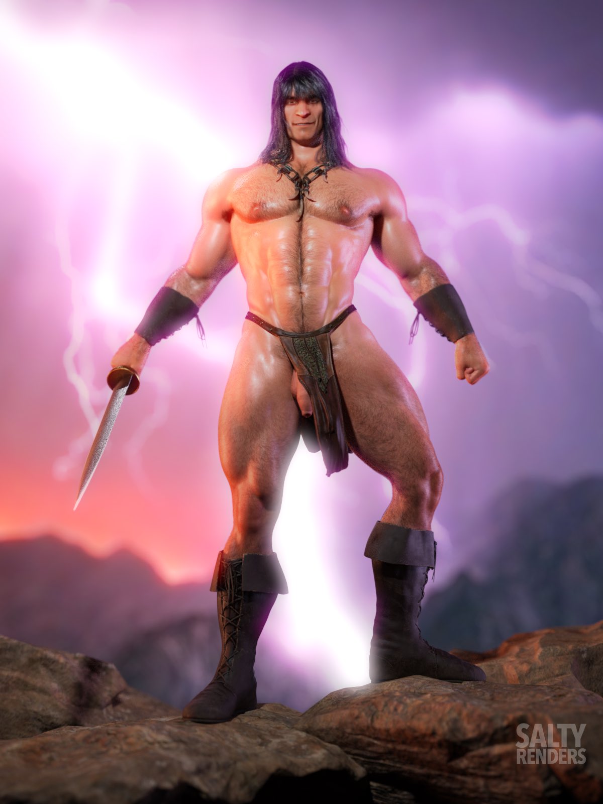 1boy 1human 1male 3d 3d_(artwork) 3d_model bara black_hair conan_the_barbarian conan_the_barbarian_(series) long_hair male male_only male_pov manly muscles muscular muscular_male saltyrenders scruffy solo solo_focus solo_male uncut uncut_penis warrior