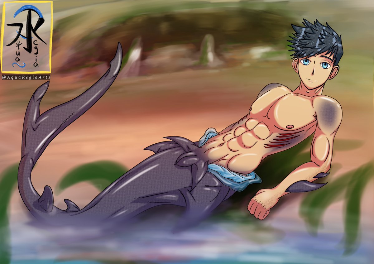 1boy 2022 abs aqua_regia_arts artist_name beach blue_eyes blue_hair keitaro_nagame male_focus male_only merfolk merman twink watermark