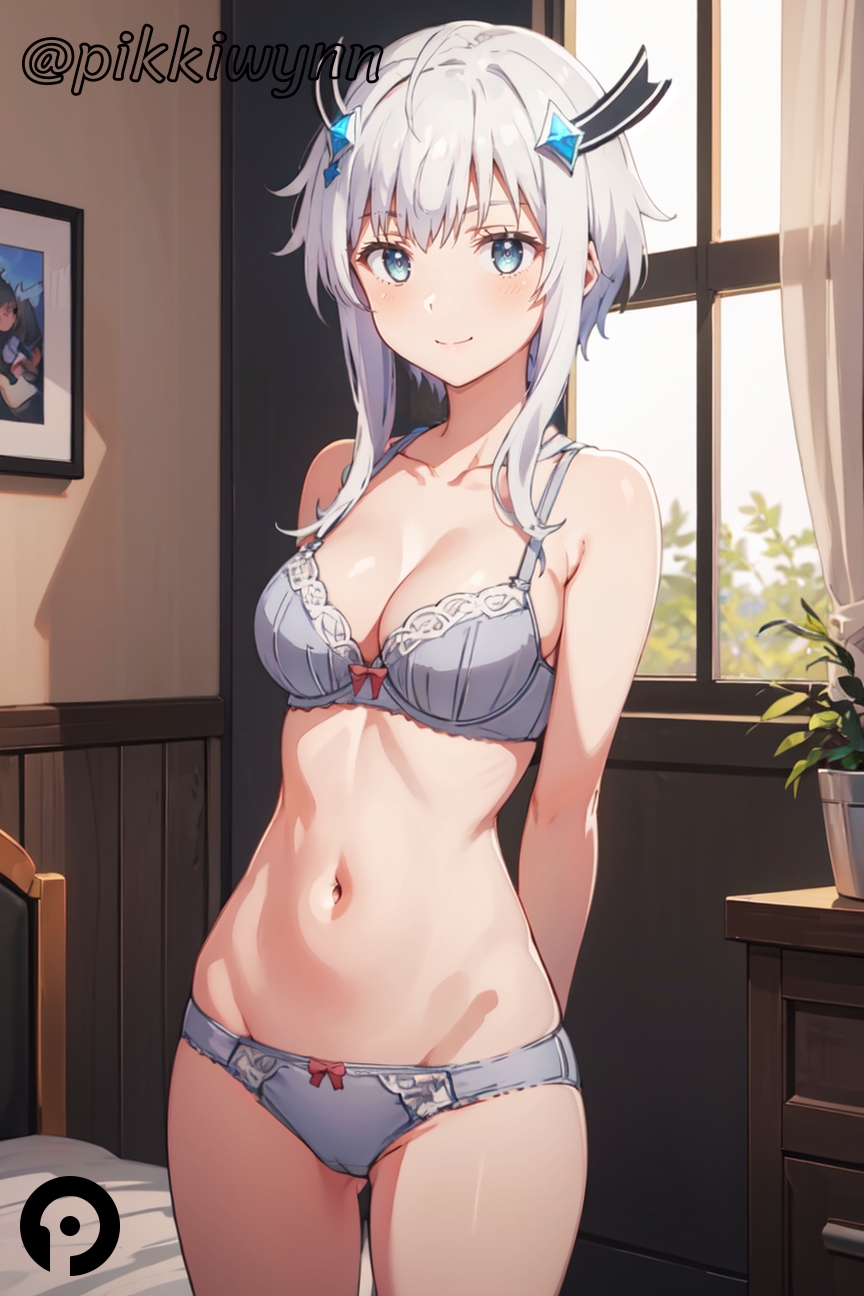 ai_generated arms_behind_back bare_shoulders blue_eyes bow bra breasts cleavage closed_mouth collarbone cowboy_shot female grey_bra grey_panties hair_ornament indoors looking_at_viewer maou_gakuin_no_futekigousha medium_breasts misha_necron navel panties pikkiwynn short_hair_with_long_locks sidelocks smile solo standing stomach thighs underwear underwear_only white_hair window