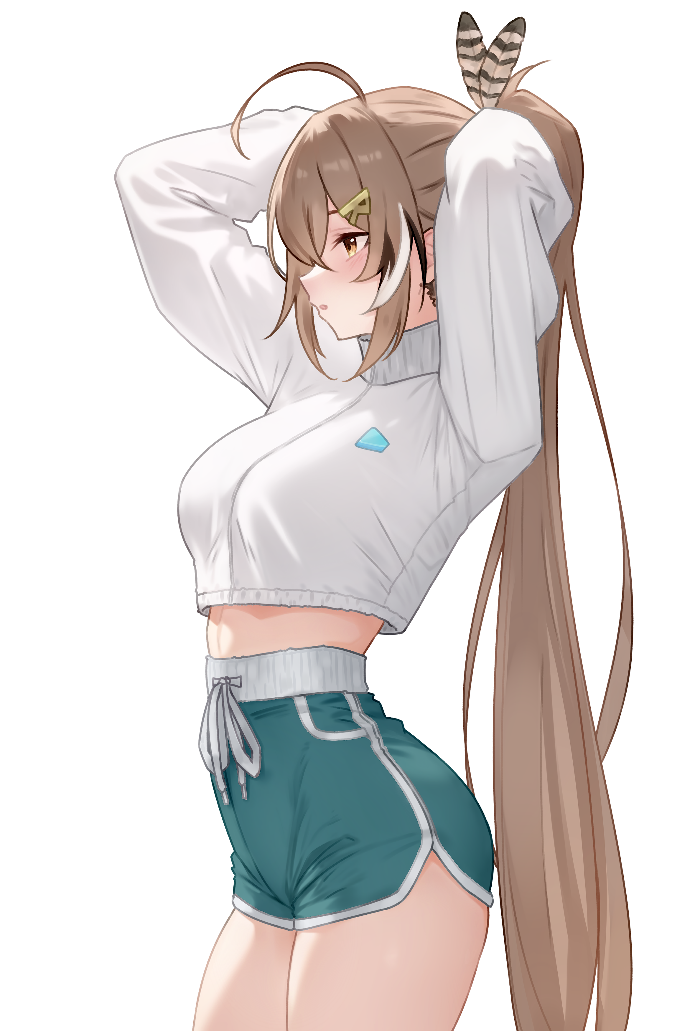 1girls, bluefield, breasts, brown hair, female, hi res, hololive, hololive english, hololive english -council-, hololive english -promise-, large breasts, light skin, light-skinned female, long hair, nanashi mumei, short hair, sportswear, thighs, virtual youtuber