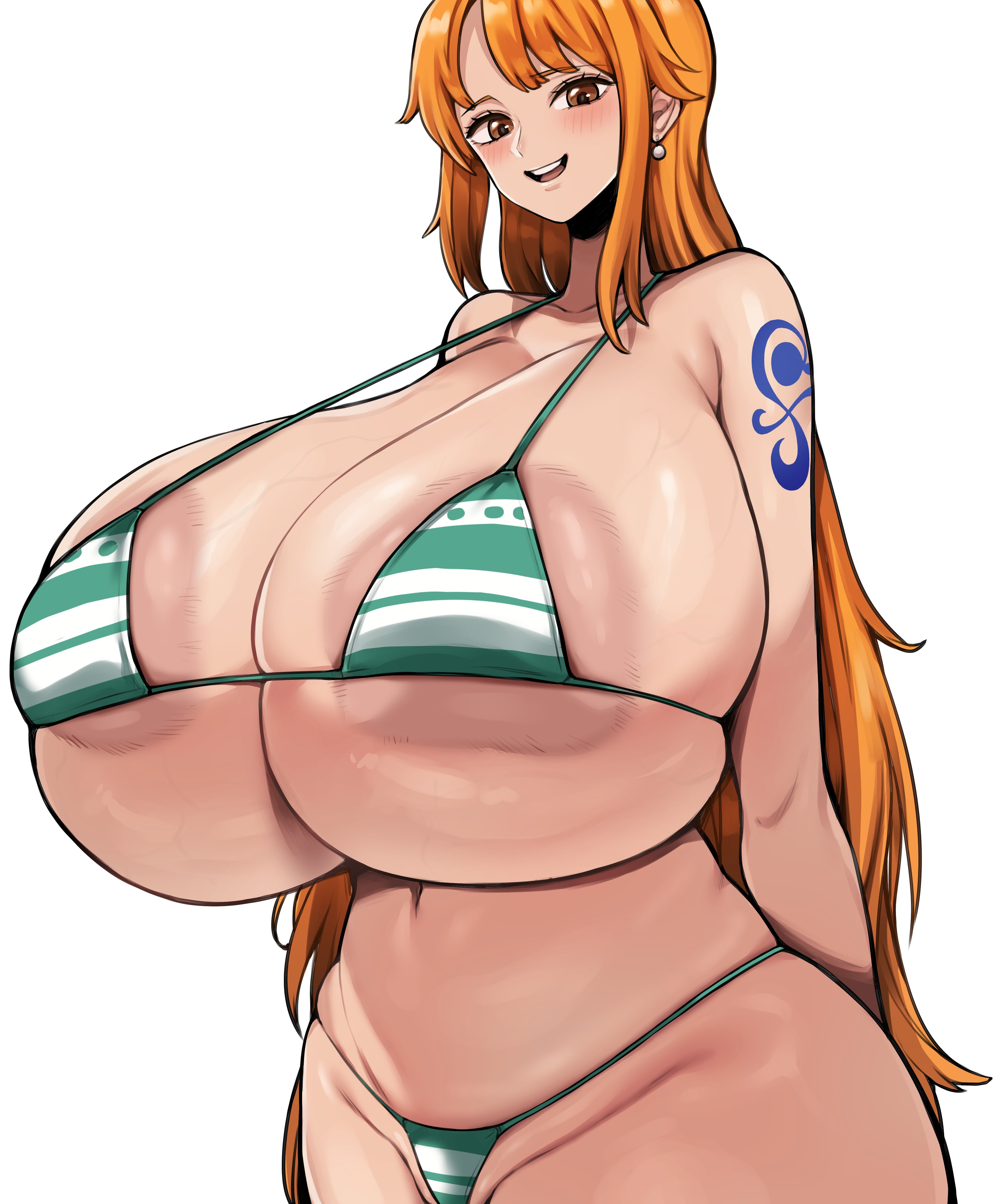 1girls, bangs, belly, belly button, big breasts, bikini, bikini top, blush, breast focus, breasts, breasts bigger than head, cameltoe, cleavage, clothing, collarbone, colored hair, curvaceous, curvy body, facing viewer, female, female only, giant breasts, green bikini, green eyes, hair between eyes, hourglass figure, huge breasts, large breasts, light skin, light-skinned female, looking at viewer, nami (one piece), one piece, orange hair, post-timeskip, pussy, seductive, seductive look, solo, solo focus, standing, striped bikini, tattoo, thick hips, thick thighs, tiger drop, top heavy, top heavy breasts, underwear, voluptuous, voluptuous female