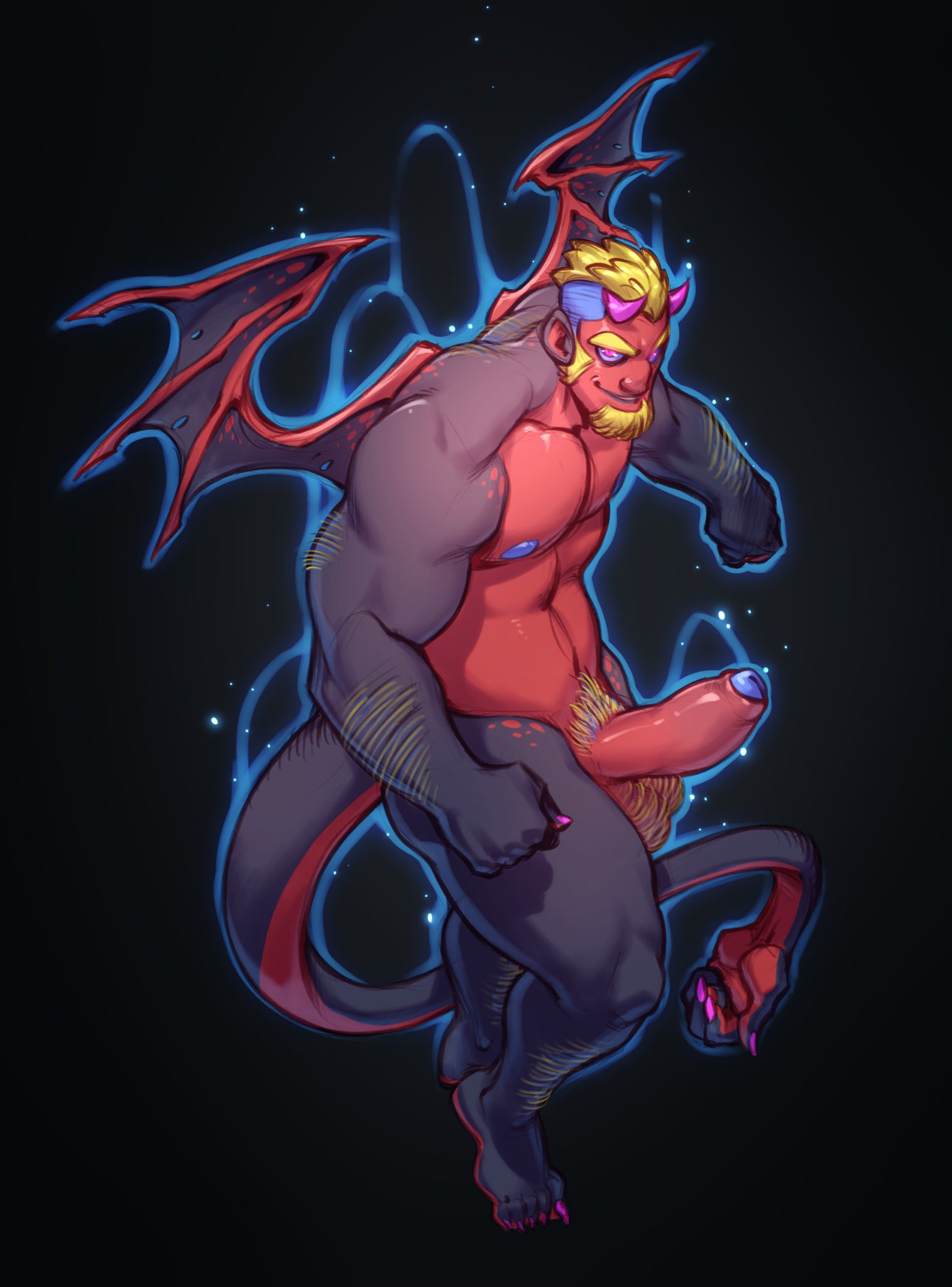 1boy abs aura bara beard black_skin blonde_hair boner colored_skin demon_boy demon_horns demon_tail demon_wings erection facial_hair full_body girthy_penis hand_tail highres horns large_pectorals looking_at_viewer male_focus male_only mature_male midair multicolored_skin muscular muscular_male navel nipples nude original pectorals penis red_skin seductive_smile short_hair sky smile solo sparse_leg_hair star_(sky) starry_sky tail thick_arm_hair thick_beard thick_eyebrows thick_thighs thighs two-tone_skin undercut vliir wings