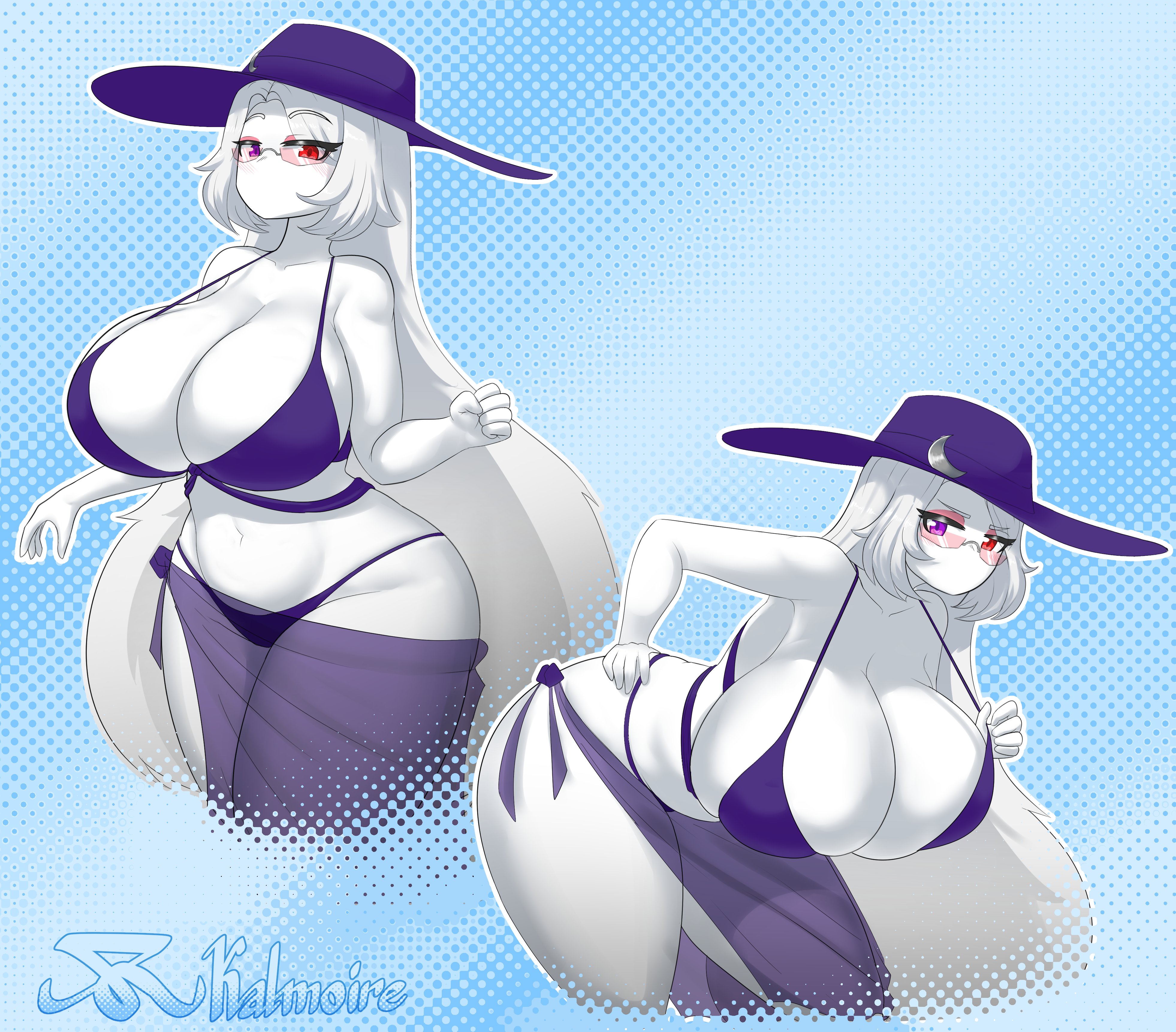 1girls, bent over, big breasts, breasts, child bearing hips, cleavage, enormous breasts, female, female focus, female only, huge breasts, kalmoire, large breasts, long hair, looking at viewer, no mouth, purple bikini, red eyes, solo, solo female, solo focus, thick thighs, thin, thin waist, valerie (arcnova), very long hair, voluptuous, voluptuous female, white body, white hair, white skin