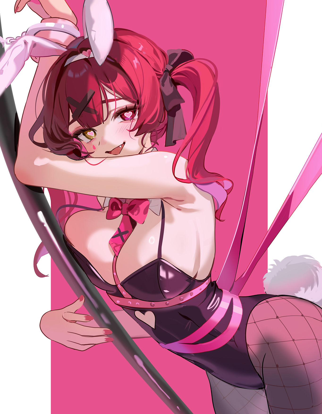 1girls, 2024, bunnysuit, cosplay, crossover, cute fang, digital media (artwork), facial markings, female, fishnets, heart-shaped pupils, heterochromia, hololive, hololive fantasy, hololive japan, houshou marine, latex, latex leotard, leotard, light skin, light-skinned female, marking below eyes, markings, nail polish, painted nails, pantyhose, playboy bunny, pole, pole dancing, rabbit hole (cosplay), rabbit hole (deco*27/caststation), rabbit hole (vocaloid), red hair, ribbon, ribbon bondage, ruiuncle, twintails, virtual youtuber