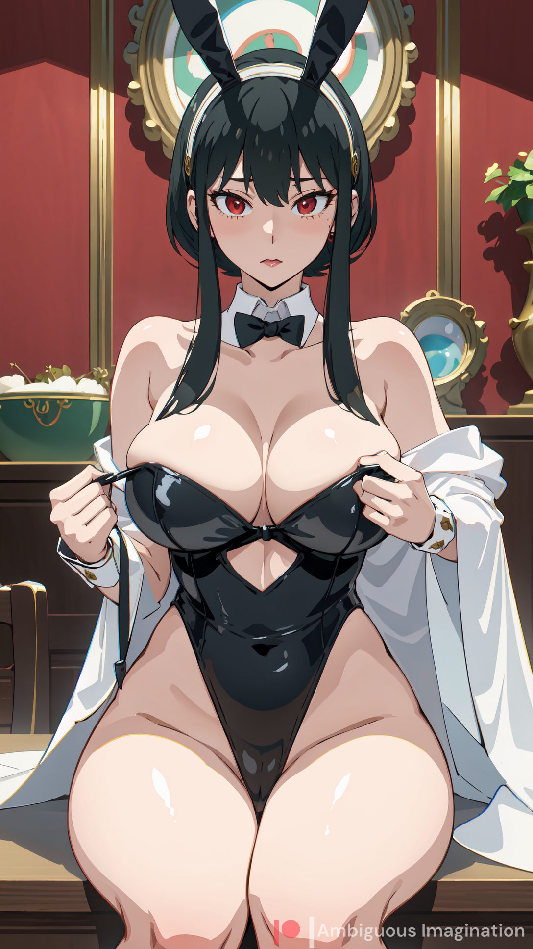 1girls, ai generated, ambiguous imagination, big breasts, black hair, breasts, bunny ears, bunnysuit, female, female only, red eyes, solo, spy x family, yor briar, yor forger