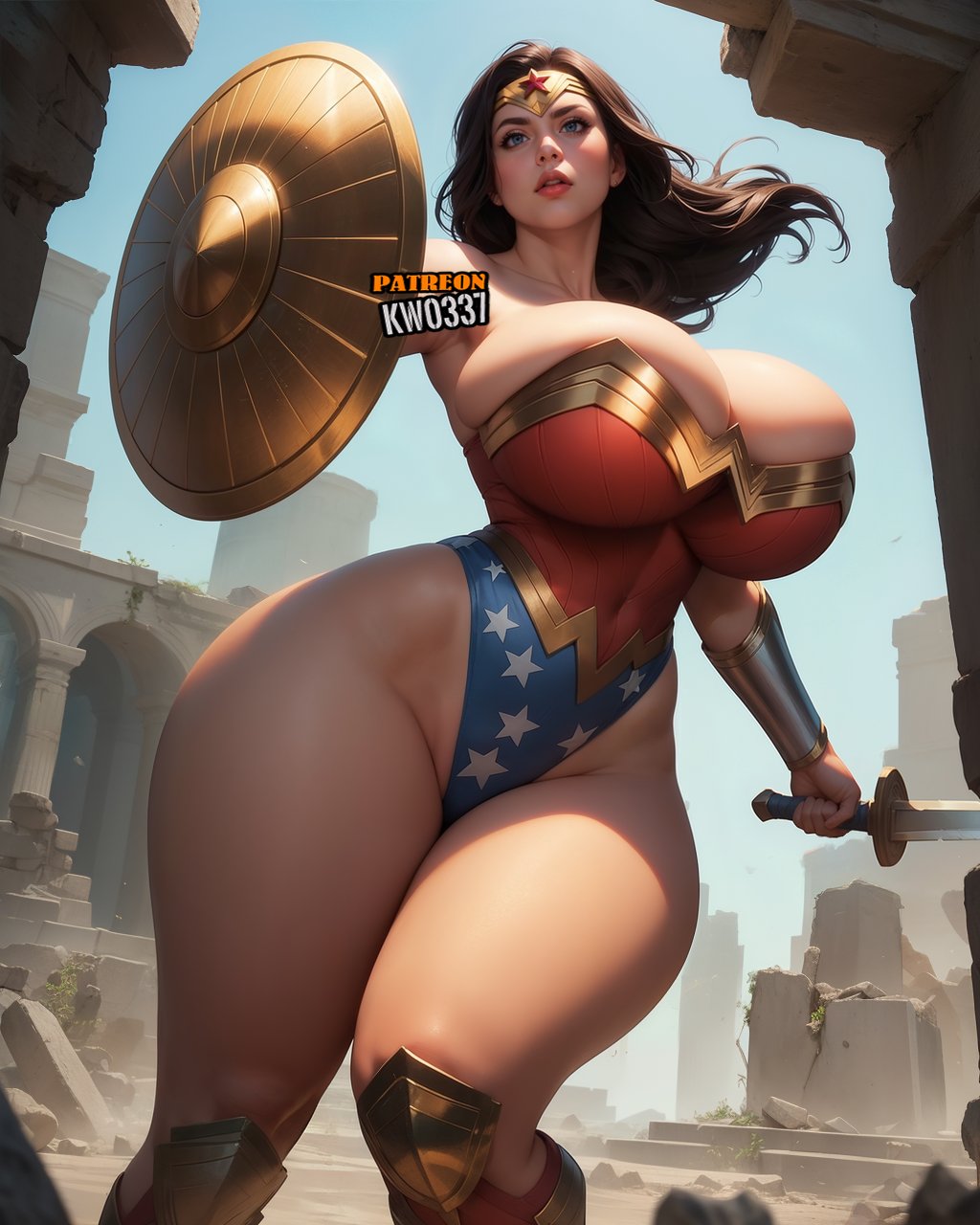 1girls ai_generated amazon amazonian barely_contained_breasts big_breasts bimbo black_hair brown_hair brunette busty dat_ass dc dc_comics dumptruck_ass fat_thighs female_only female_warrior hourglass_figure huge_breasts huge_thighs kw0337 long_hair overflowing_breasts princess royalty ruins shield skimpy_armor solo solo_female superhero_costume superheroine sword thick thick_thighs thunder_thighs thunderthighs venus_body voluptuous voluptuous_female warrior white_female wide_hips wonder_woman wonder_woman_(series)