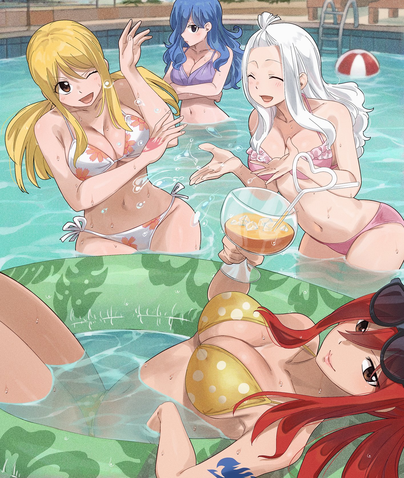 4girls, accurate art style, arm tattoo, ball, bare shoulders, beach ball, beachball, big breasts, bikini, blonde hair, blonde-haired female, blue hair, blue tattoo, blue-haired female, breasts, brown eyes, cleavage, closed eyes, collarbone, commentary, erza scarlet, eyewear on head, fairy tail, fairy tail mark, front ponytail, gaston18, hand tattoo, highres, innertube, juvia lockser, large breasts, long hair, looking at viewer, lucy heartfilia, mirajane strauss, multiple girls, navel, one eye closed, open mouth, orange bikini, pink bikini, pink tattoo, pool, print bikini, purple bikini, red-haired female, sidelocks, sunglasses, swim ring, swimsuit, tattoo, untranslatable commentary, white bikini, white hair, white-haired female