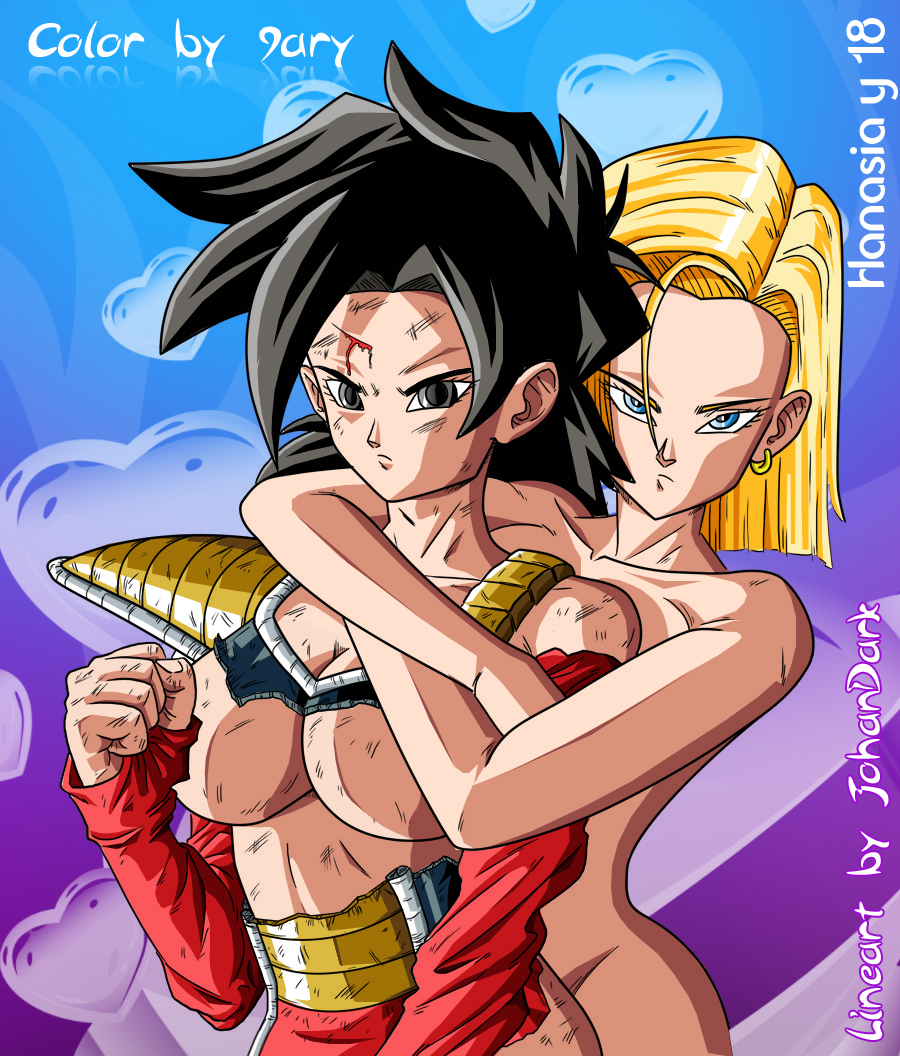 2girls abs android android_18 black_eyes black_hair blonde blonde_hair blood blue_eyes bruise bruises clenched_fist cover_page dragon_ball dragon_ball_z earrings female female_only hanasia hips hugging hugging_from_behind johan_dark looking_at_viewer multiple_girls red_sleeves saiyan saiyan_armor serious spiky_hair tits underboob