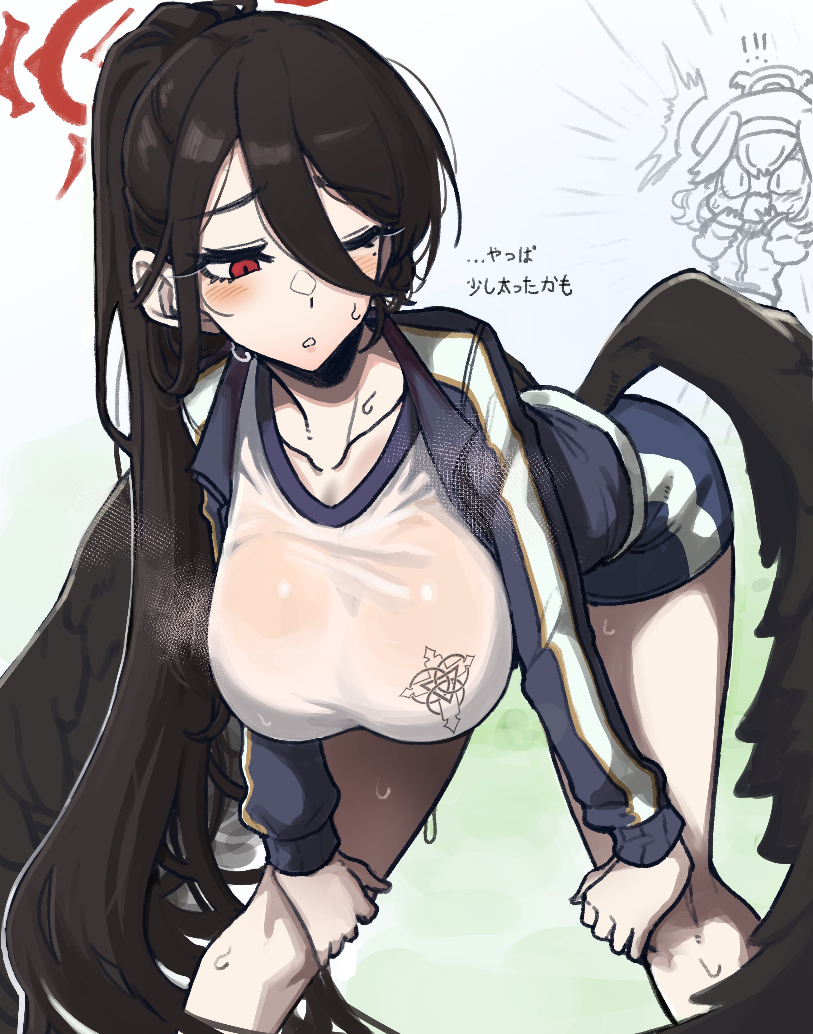 bent over, black hair, blue archive, blush, breasts, clothed, dressed, female, fully clothed, halo, hasumi (blue archive), hasumi (gym uniform) (blue archive), large breasts, long hair, long ponytail, ponytail, powtaytow3333, red eyes, see-through clothing, shorts, sweat, sweaty, very long hair, wings