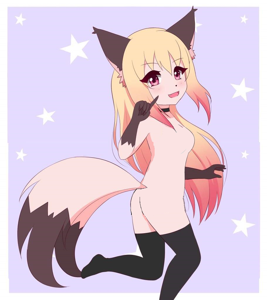 2_tails blush female_only fox_ears fox_girl fox_tail looking_at_viewer luna_(wolfychu) multi_tail pointing_at_self smiling two_tone_hair