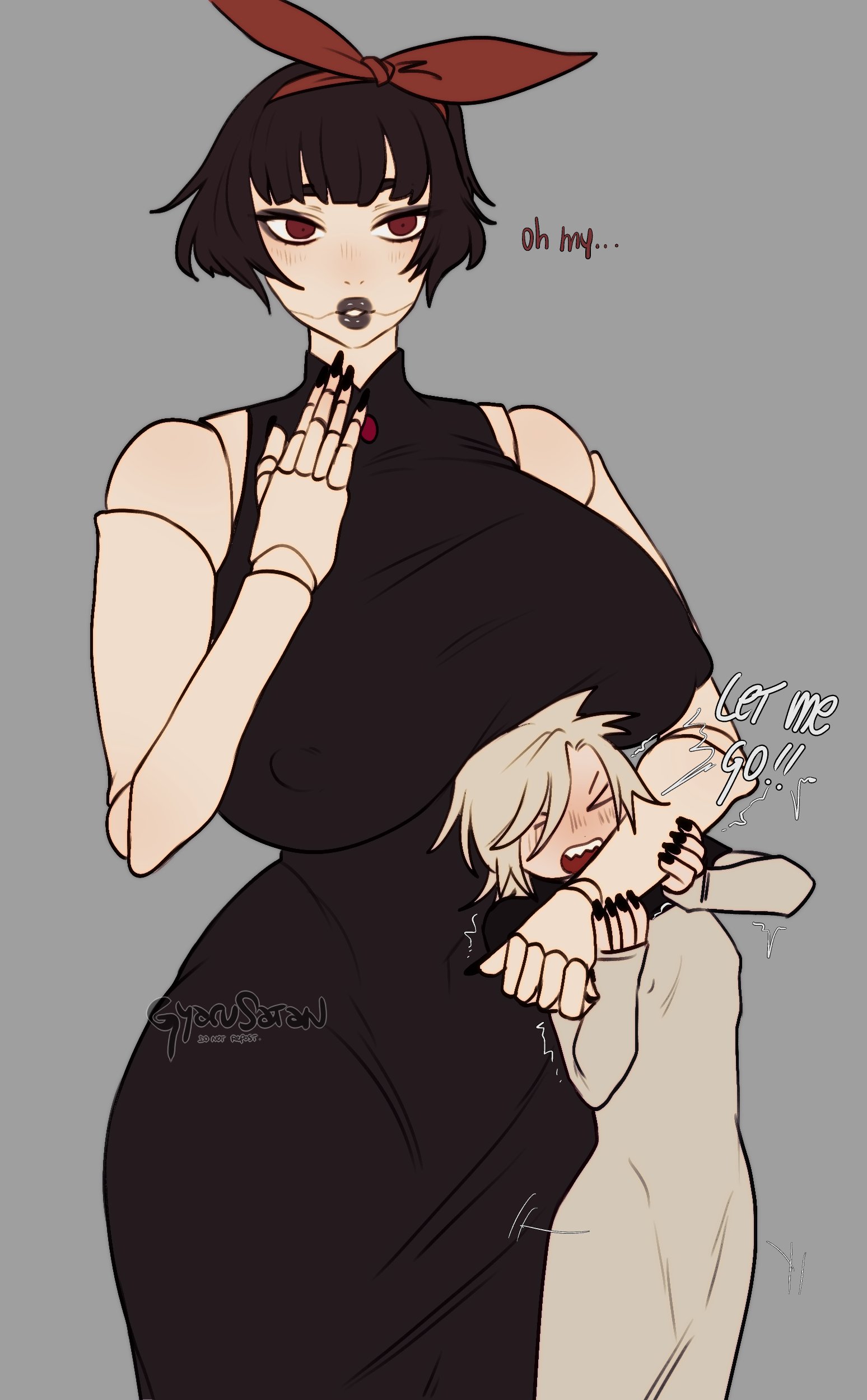 1boy, 1girls, big breasts, black hair, black lipstick, blonde hair, blush, breasts, dialogue, doll girl, doll joints, dress, english text, etoile (gyarusatan), female, grey background, gyarusatan, hair ribbon, hi res, huge breasts, iskra (gyarusatan), larger female, long dress, looking at viewer, male, nipple bulge, red eyes, size difference, smaller male, taller female, wide hips