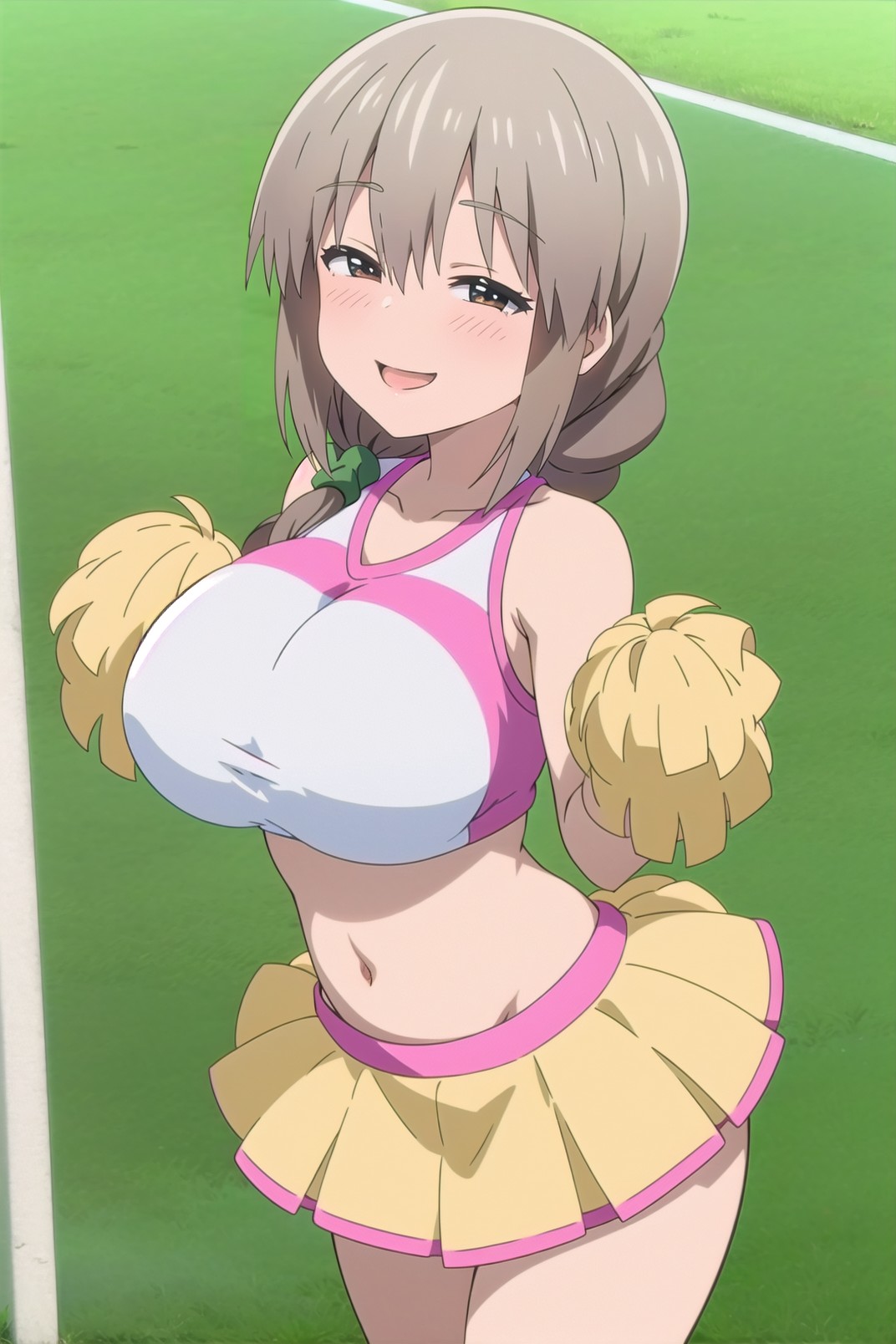 ai_generated ailucius777 big_breasts cheerleader female field gray_hair large_breasts light_skin skirt smile uzaki-chan_wa_asobitai! uzaki_tsuki