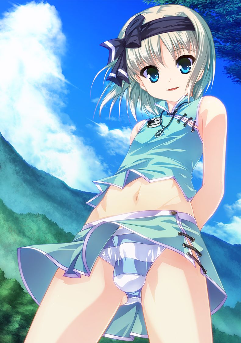 1boy androgynous aogiri_penta blue_eyes bulge crossdressing femboy girly human josou_sanmyaku kurubayashi_shizuki looking_at_viewer male male_only navel pant panties penis short_hair skirt solo trap white_hair white_skin