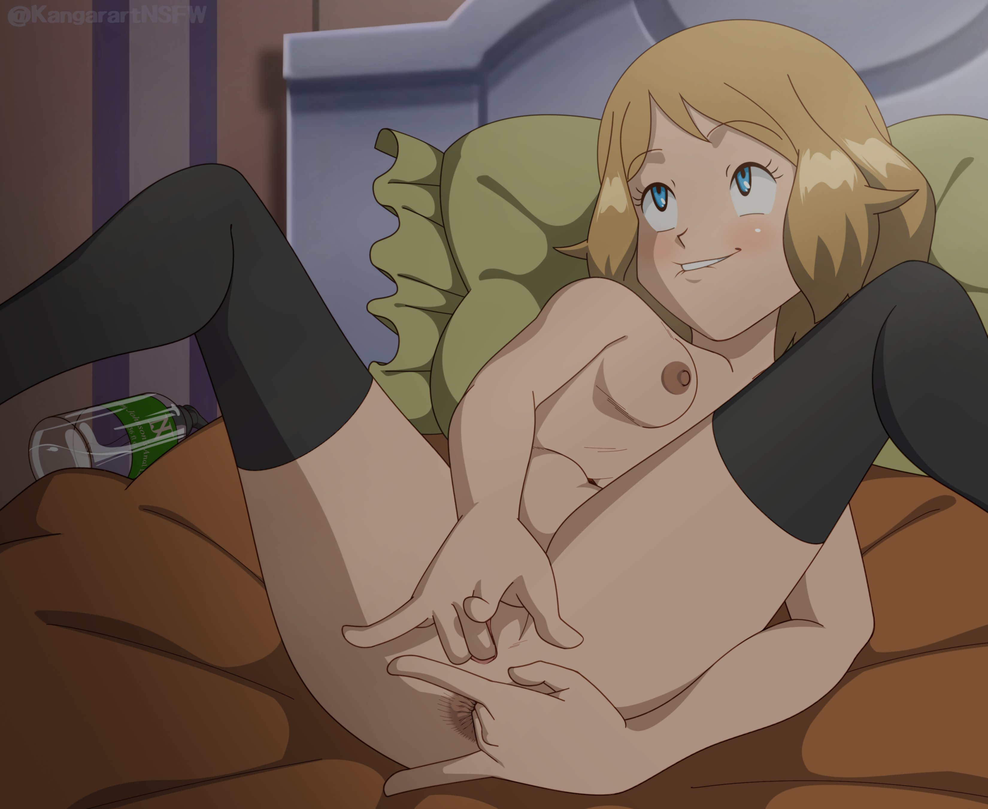 2d, 2d (artwork), 2d artwork, anal masturbation, beige hair, blue eyes, breasts, female, fingering, fingering self, honey blonde hair, kangarart, masturbation, naked female, naked thighhighs, pokemon, pokemon xy, serena (pokemon), short hair, solo, stockings, thighhighs