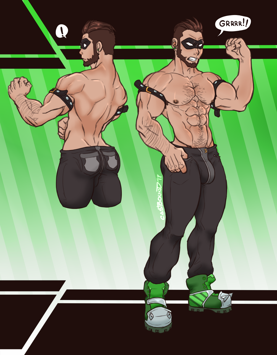 1boy bara bara_tits barazoku beard bulge castbound clothing facial_hair flexing_bicep gay hairy hairy_chest male male_focus male_nipples male_only male_pubic_hair manly muscular_male nipples solo solo_male tight_clothing yaoi