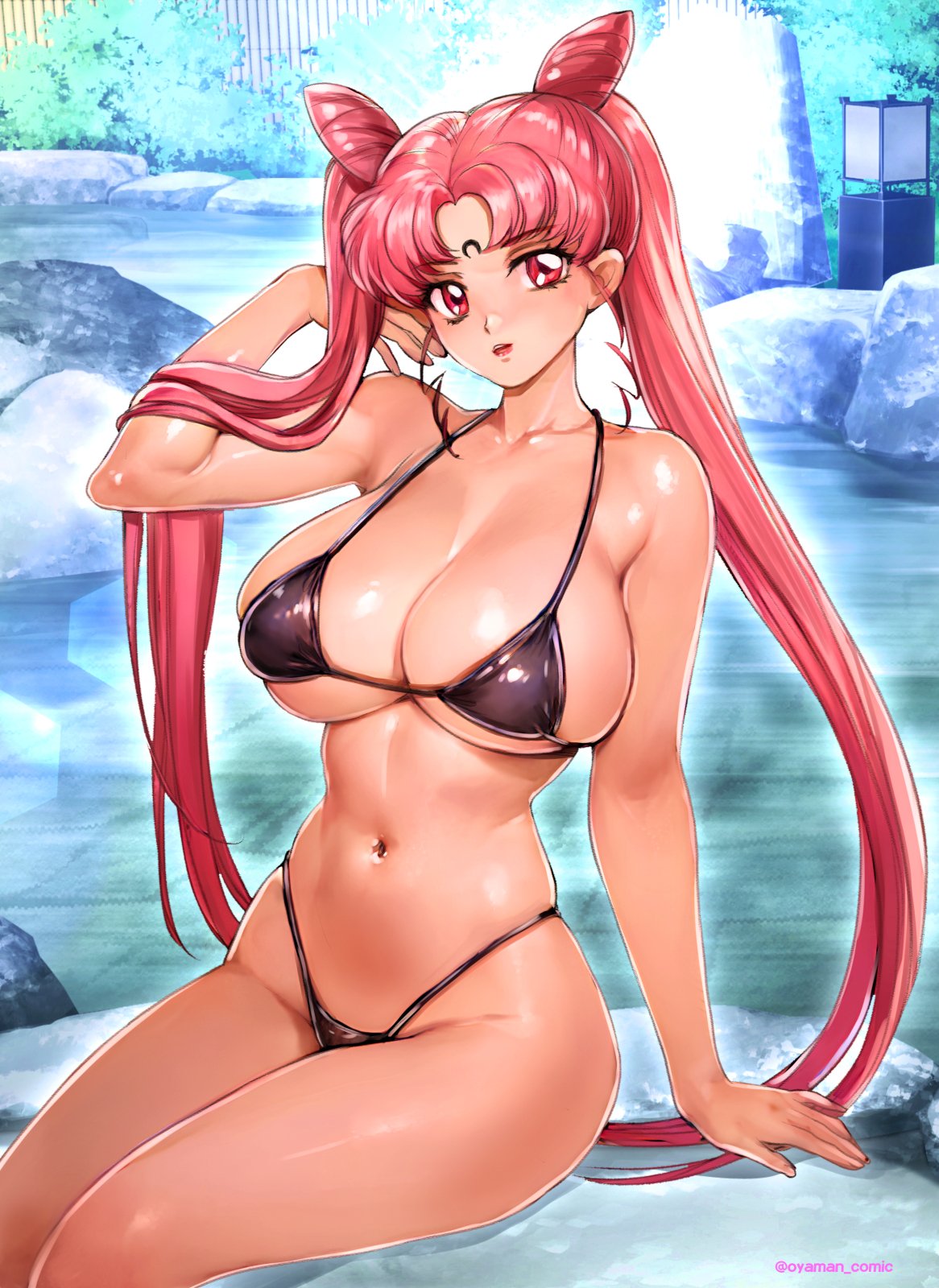 1girls aged_up big_breasts bikini bishoujo_senshi_sailor_moon black_lady black_moon breasts busty chibi_usa curvy dark_persona female female_only hot_spring huge_breasts large_breasts long_hair looking_at_viewer oyaman pale-skinned_female pale_skin pink_eyes pink_hair pose posing sitting solo swimsuit thick_thighs twintails villainess voluptuous wide_hips