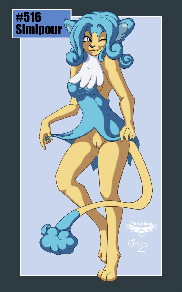 2012 blue_hair bottomless collaboration digitigrade dress dress_lift female hair mingchee monkey notorious84 pinup plain_background pokemon pokemorph pussy simipour smile solo standing the_pokedex_project wink