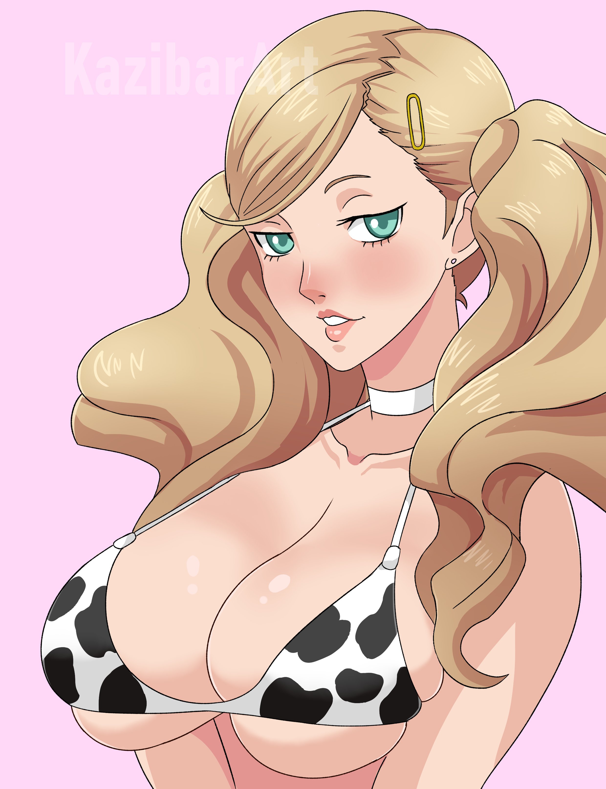1girls, alternate version available, ann takamaki, atlus, big breasts, bikini, bikini top, blonde hair, breast focus, breasts, cleavage, cow print, cow print bikini, ear piercing, earrings, female, female only, green eyes, hair, hair ornament, huge breasts, kazibar, lips, persona, persona 5, solo, solo female, swimwear, topwear, twintails