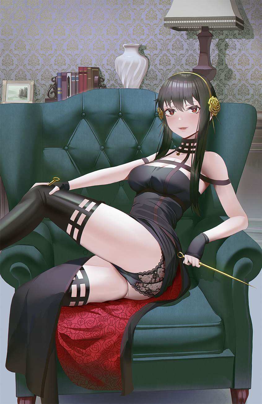 1girls black_dress black_hair breasts cleavage dress female fingerless_gloves gloves indoors lace lace-trimmed_panties lace_trim long_hair looking_at_viewer panties rdy red_eyes sitting smile sofa solo spy_x_family thighhighs thighs yor_briar yor_forger