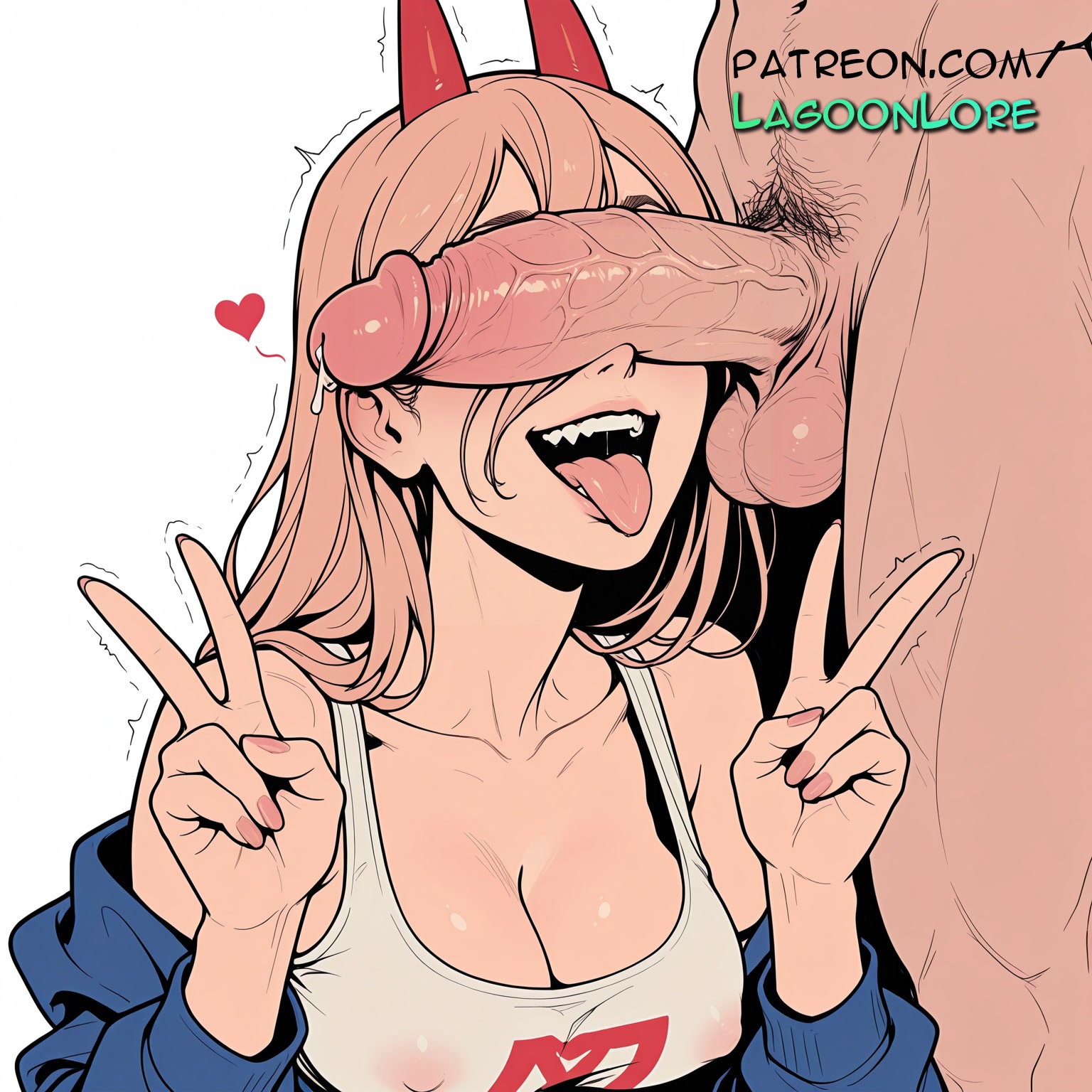 1boy, ai generated, artist name, breasts, bust, chainsaw man, chest, cleavage, clothed female nude male, cock, covered nipples, dick, double v, erection, female, heart, hi res, highres, horns, jacket, lagoonlore, long hair, male pubic hair, motion lines, patreon, patreon username, penis, penis on face, power (chainsaw man), precum, pubic hair, solo focus, straight, testicles, tongue, tongue out, transparent background, trembling, twitching penis, uncensored, v, veins, veiny penis, w, watermark