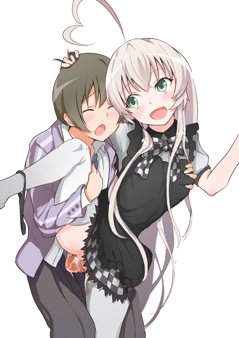 ahoge black_panties blush bow breast_grab breasts brown_hair checkered checkered_skirt closed_eyes clothed_sex female green_eyes haiyore!_nyaruko-san long_hair male namago nyarlathotep_(nyaruko-san) open_mouth panties panties_around_leg panties_around_one_leg penis school_uniform sex short_hair silver_hair skirt straight thighhighs uncensored underwear vaginal_penetration white_legwear yasaka_mahiro