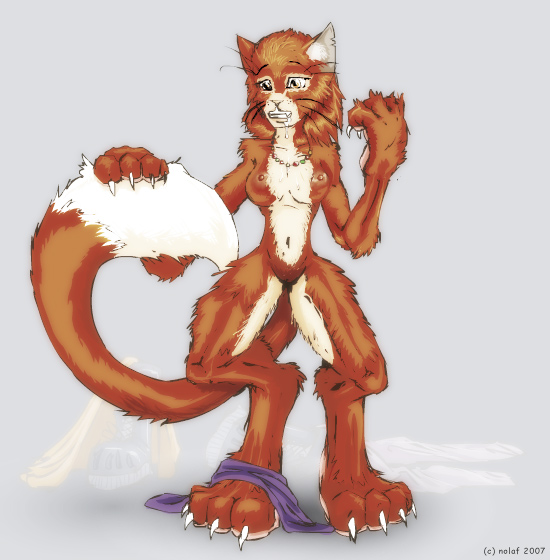 anthro breasts claws clothing digitigrade feline female fur furry gloves hair kira nipples nolaf nose nude paws plain_background red_hair shirt smile transformation whiskers