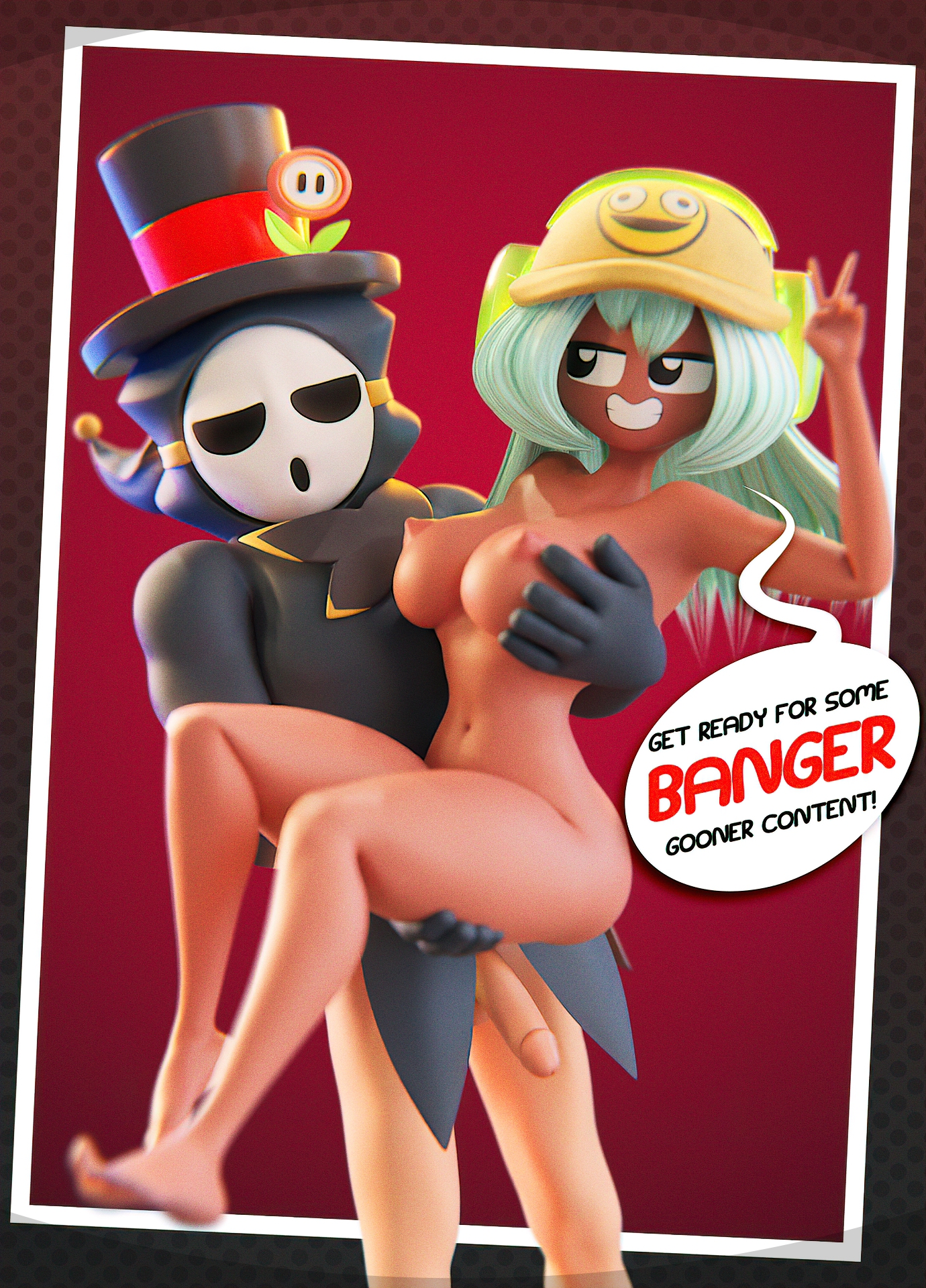 1boy, 1girls, 3d, 3d (artwork), anti groove, black eyes, blue hair, bottomless male, breast grab, breasts, breasts out, bridal carry, carrying, dark-skinned female, dialogue, dolly dimpley, grabbing breasts, hat, headphones, looking at partner, mask, nipples, nude, nude female, partially clothed, peace sign, penis, shy guy, smile, smiling friends, smug, top hat, unknown artist