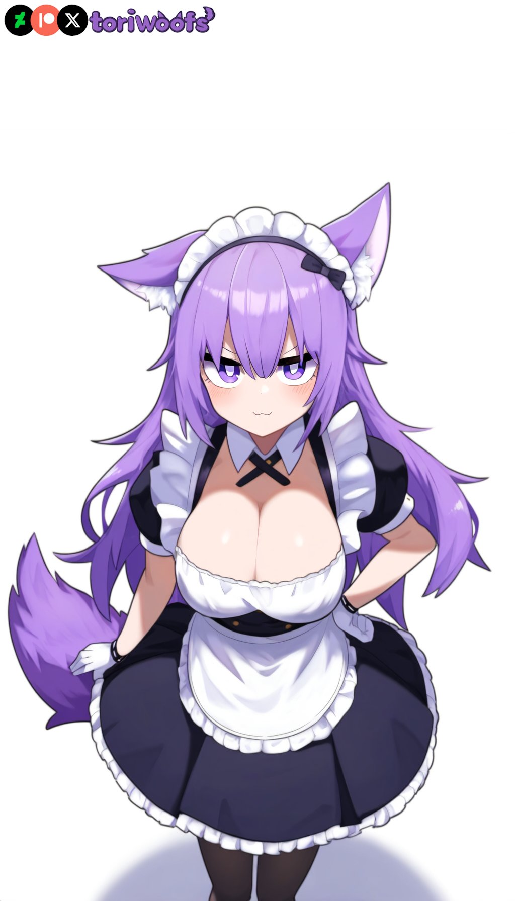 1girls ai_generated big_breasts breasts curvy cute dog_ears dog_girl female female_only highres hips huge_boobs huge_breasts kemonomimi light_skin light_skinned_female long_hair maid patreon_username petgirl petite purple_ears purple_eyes purple_hair purple_tail solo thick_thighs thighs tori toriwoofs watermark wavy_hair white_background wide_hips wolf_ears