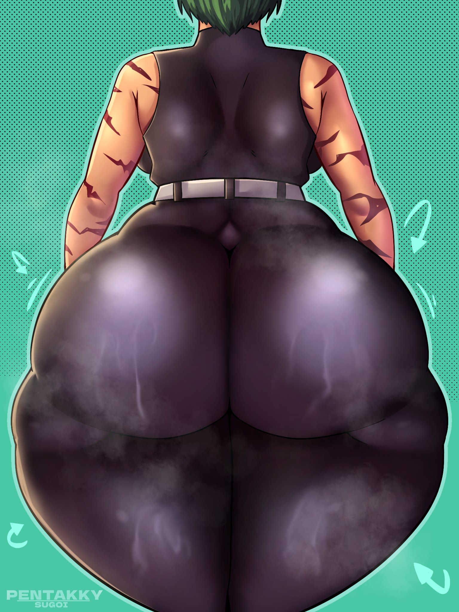 1girls, ass, ass focus, black pants, breasts, bubble ass, bubble butt, colored background, female, female only, green hair, jujutsu kaisen, large ass, light skin, light-skinned female, pale skin, pale-skinned female, penpen (artist), scars, scars on arm, shiny clothes, short hair, sideboob, sleeveless shirt, steaming body, steamy, thick thighs, white belt, zenin maki