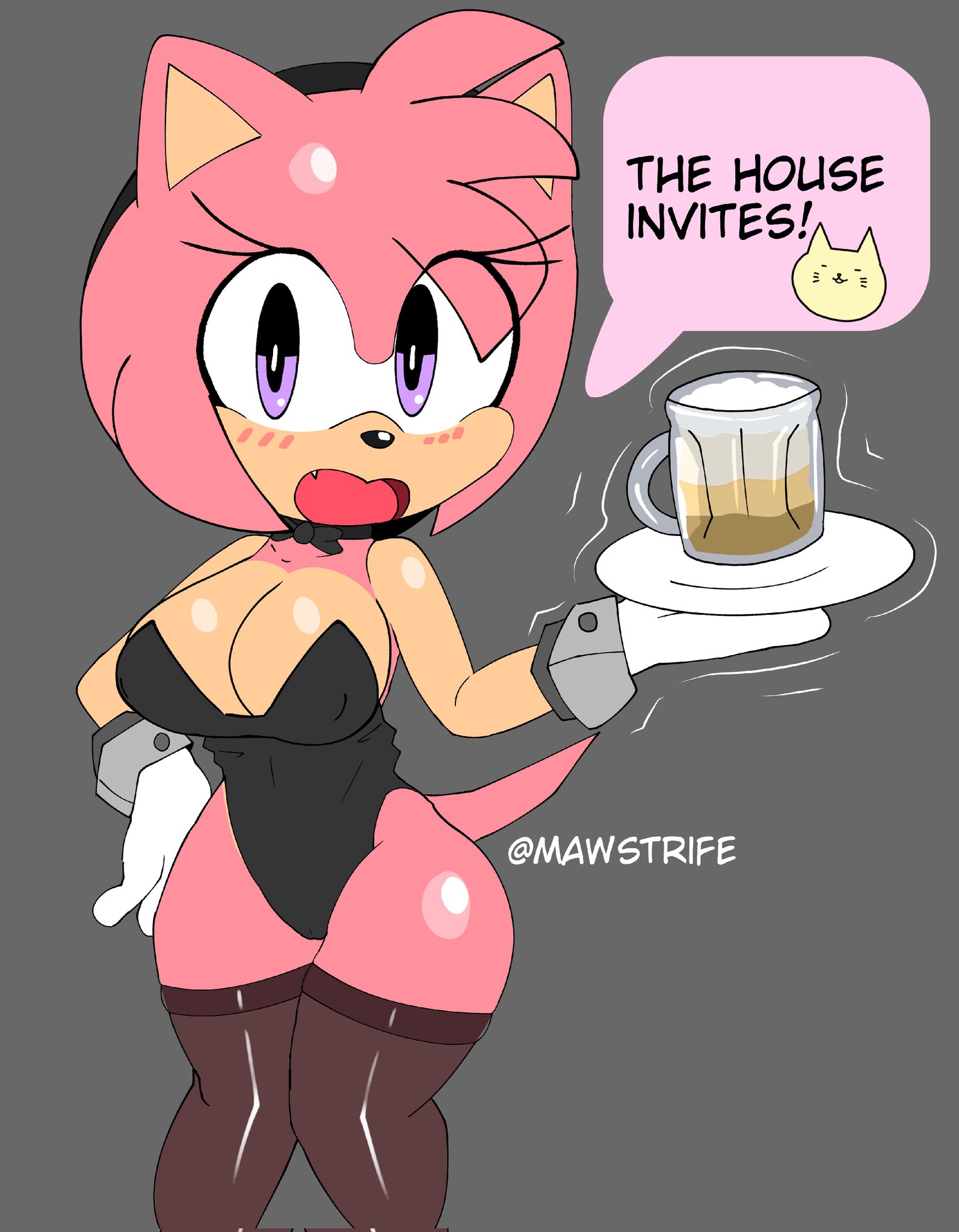 1girls, 2d, 2d (artwork), 2d artwork, amy rose, ass, bear, big ass, big butt, big hips, big penis, black clothing, bow, bunnysuit, diadem, english text, fangs, female, female focus, female only, flushed, flushed face, gloves, hedgehog, hedgehog humanoid, male, mawstrife, open mouth, penis, pink fur, purple eyes, sega, sonic (series), sonic the hedgehog (series), speech bubble, stockings, thick hips, thick legs, thick thighs, waitress