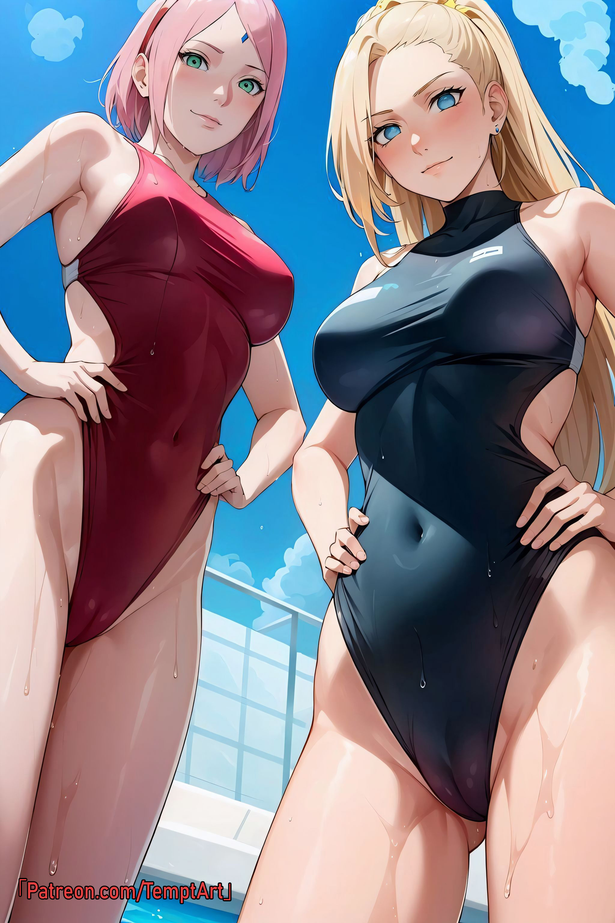2girls, ai generated, bare shoulders, bare thighs, big breasts, blue eyes, boruto: naruto next generations, breasts, cameltoe, cleavage, competition swimsuit, female, female only, from below, green eyes, hands on hips, human, in water, ino yamanaka, light skin, light-skinned female, long hair, looking at viewer, looking down, looking down at viewer, mature, mature female, milf, multiple females, multiple girls, nai diffusion, naruto, naruto (series), one-piece swimsuit, partially submerged, partially visible vulva, patreon username, ponytail, pool, pussy, sakura haruno, smile, stable diffusion, swimming pool, swimsuit, take your pick, temptart, thick thighs, thighs, url, very long hair, viewed from below, water, watermark, web address, wide hips