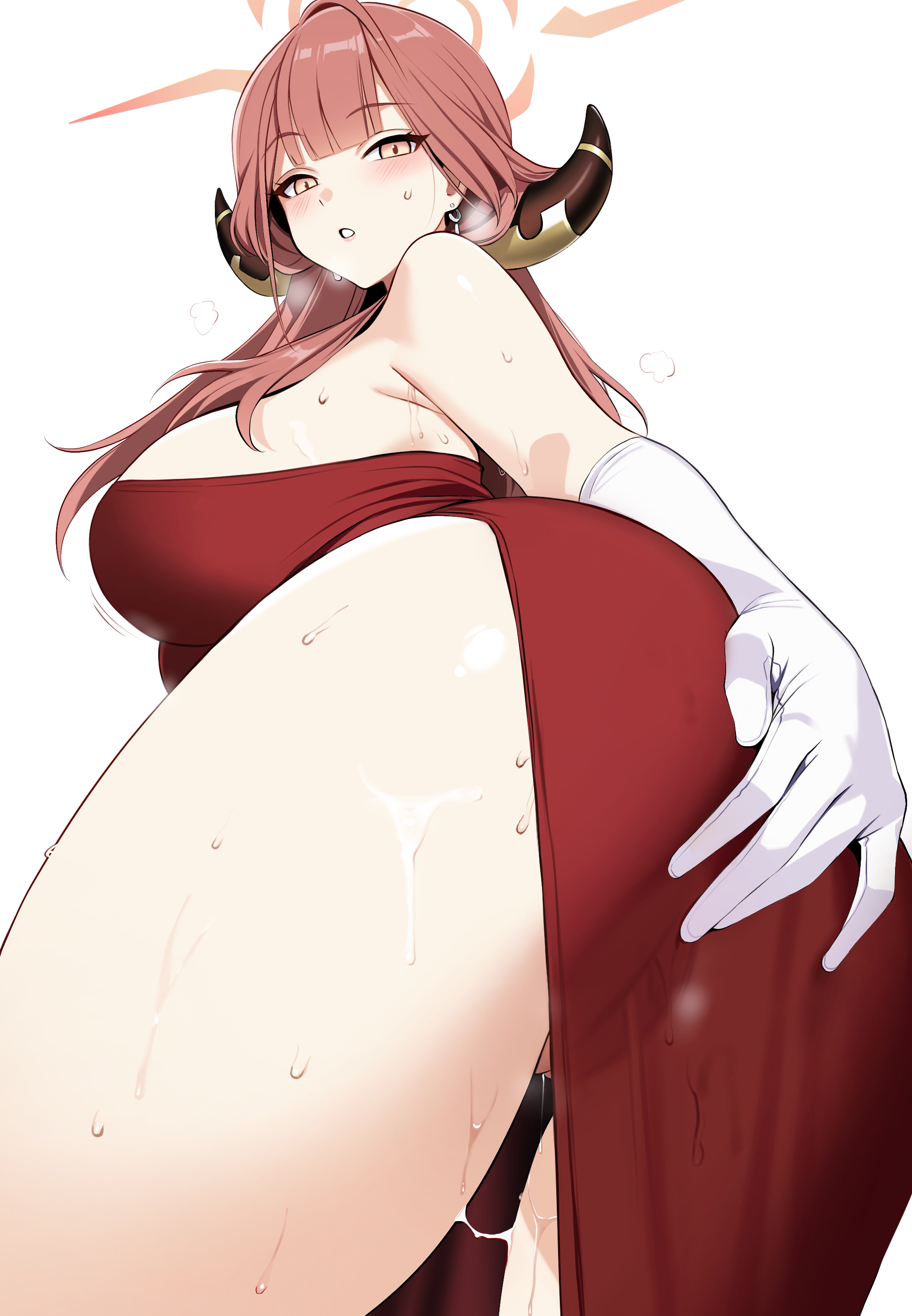 absurdres, aru (blue archive), aru (dress) (blue archive), ass, ass focus, ateoyh, blue archive, blush, breasts, cameltoe, commentary request, cum, cum on legs, demon horns, dress, female, gehenna academy student, gloves, halo, highres, horns, jewelry, large breasts, long hair, looking at viewer, looking down, official alternate costume, open mouth, pink hair, problem solver 68 (blue archive), pussy, pussy juice, pussy peek, red dress, solo, sweat, thighs, white gloves, yellow eyes