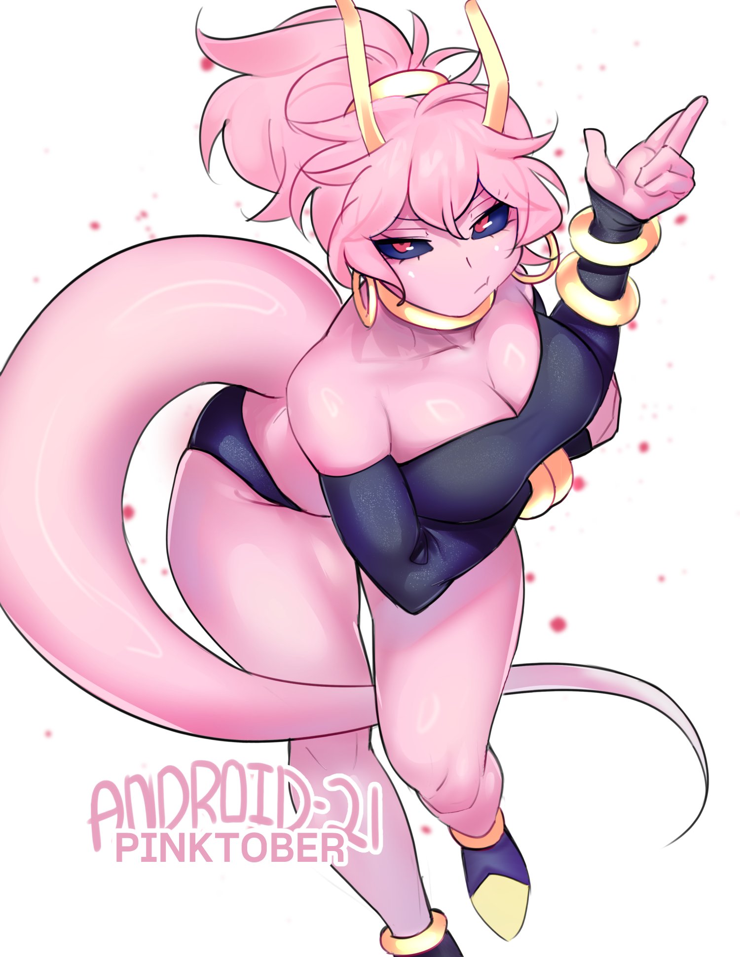 android 21 (cosplay), antennae, big breasts, black sclera, boku no hero academia, bracelet, breasts, cleavage, collar, earrings, gloves, holic fz, long hair, looking at viewer, majin, mina ashido, my hero academia, pink hair, pink skin, ponytail, post-timeskip, red eyes, tail, thick thighs, white background, wide hips