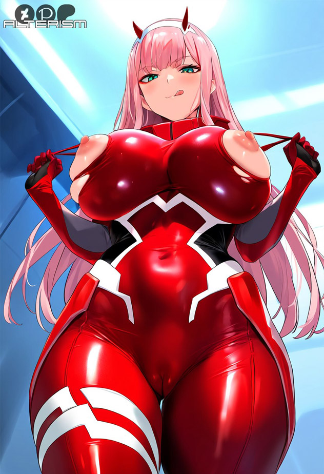 ai generated, alterism, alternate breast size, bodysuit, breasts, cameltoe, curvy, darling in the franxx, eyeshadow, female, female focus, green eyes, headband, horns, hourglass figure, implied sex, impossible clothes, large breasts, licking lips, light skin, light-skinned female, long hair, naughty face, nipple slip, nipples, open clothes, pink hair, pulled by self, pussy, red eyeshadow, skindentation, skintight, topless, torn clothes, zero two (darling in the franxx)