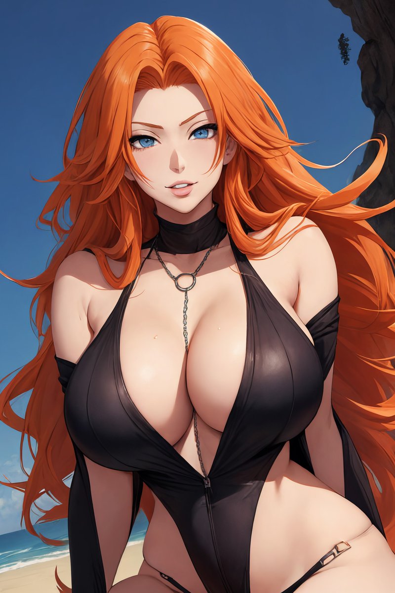 1girls, ai generated, big breasts, bleach, blue eyes, boob window, breasts, female, jinzo1993, long hair, looking at viewer, matsumoto rangiku, mommy, orange hair