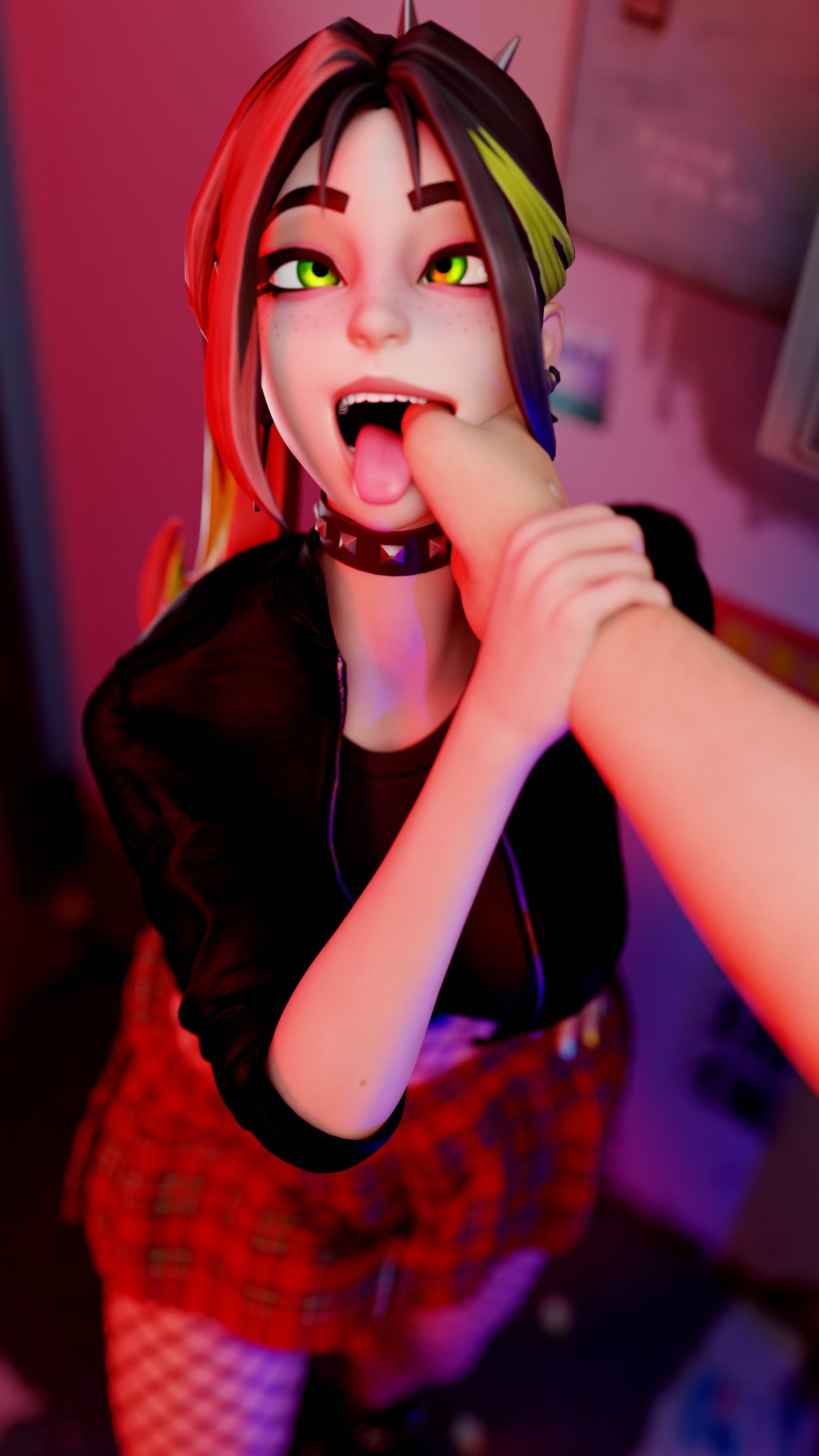ahegao, clothed, clothed female, clothing, collar, daimonasnix, female, finger in another's mouth, fish hooking, fishnets, fortnite, green eyes, helsie (fortnite), plaid skirt, pov, spiked collar, submissive female, tagme, tongue, tongue out