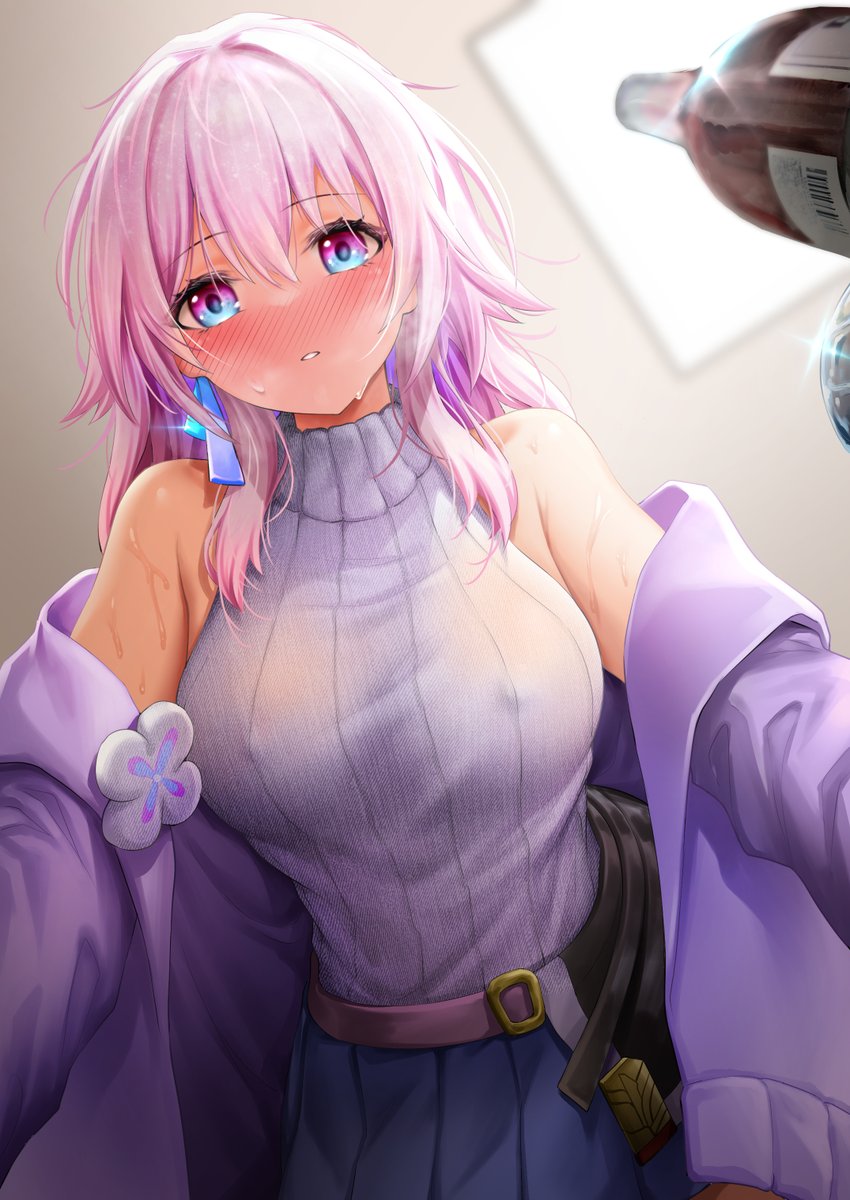 1girls blush drunk female_on_top first_person_view honkai:_star_rail honkai_(series) hoyoverse looking_at_viewer march_7th_(honkai:_star_rail) nipple_bulge no_bra pink_hair pov royboy sfw sweater sweating tagme turtleneck