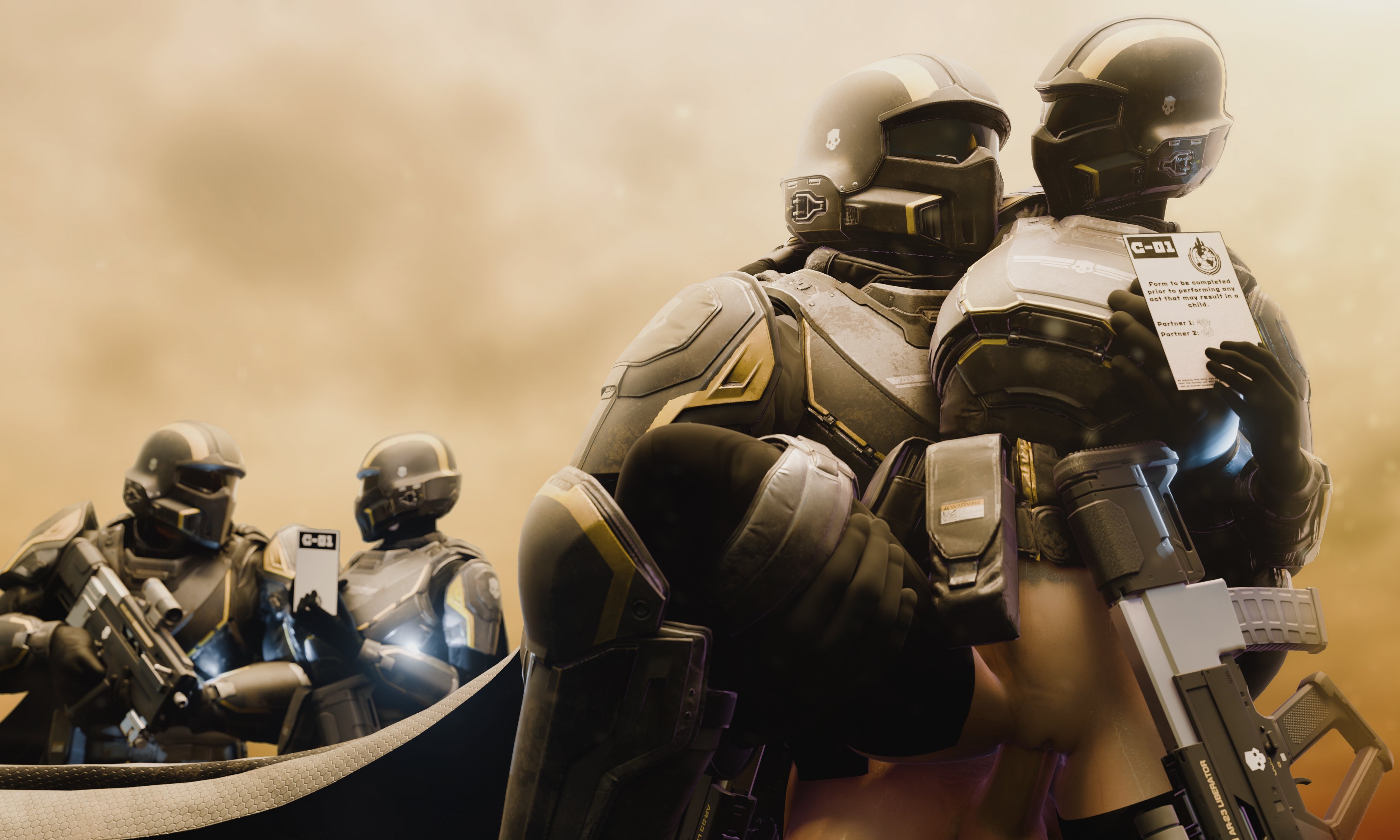1boy, 1girls, 3d, armor, before and after, bottomless, cape, clothed sex, duo, female, gloves, helldiver (helldivers), helldivers, helldivers 2, helmet, light skin, light-skinned male, male, pashkov202, penis, pussy, sex, straight, vaginal penetration, vaginal sex