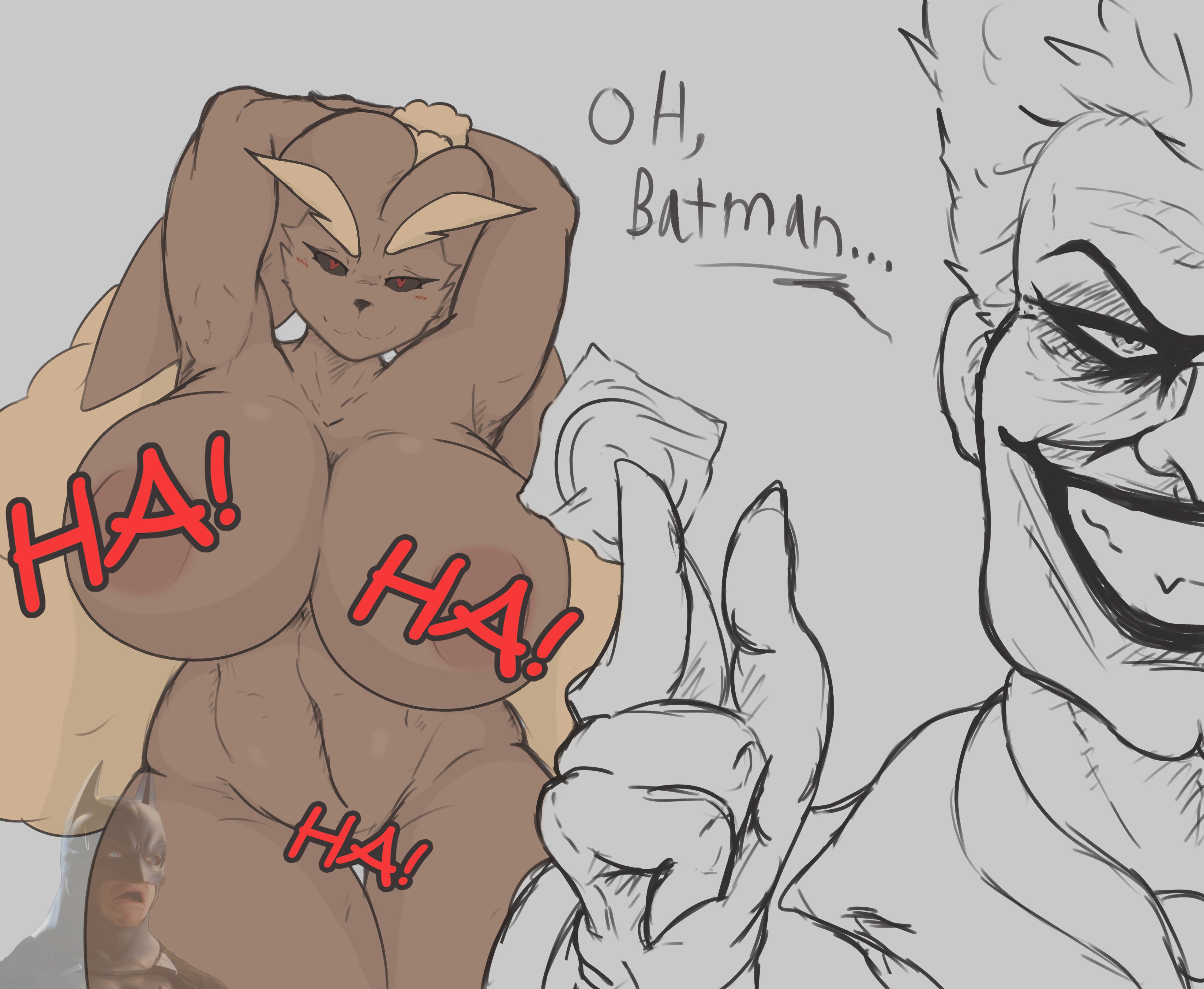 1boy, 1girls, 2024, absurd res, amadchief, anthro, armpits, batman, batman (bruce wayne), batman (series), big breasts, black sclera, breasts, brown body, brown fur, bruce wayne, condom, condom wrapper, creative censorship, crossover, dc, dc comics, dialog, dialogue, eastern and western character, female, female focus, fur, generation 4 pokemon, genitals, hands behind head, hi res, huge breasts, joker, lagomorph, laugh, laughing, lopunny, male, mammal, meme, nintendo, nude, pokemon, pokemon (species), pussy, red eyes, simple background, smiling, standing, sweat, sweatdrop, sweating, text, there are no laws against pokemon, batman, thick thighs, thigh gap, transparent
