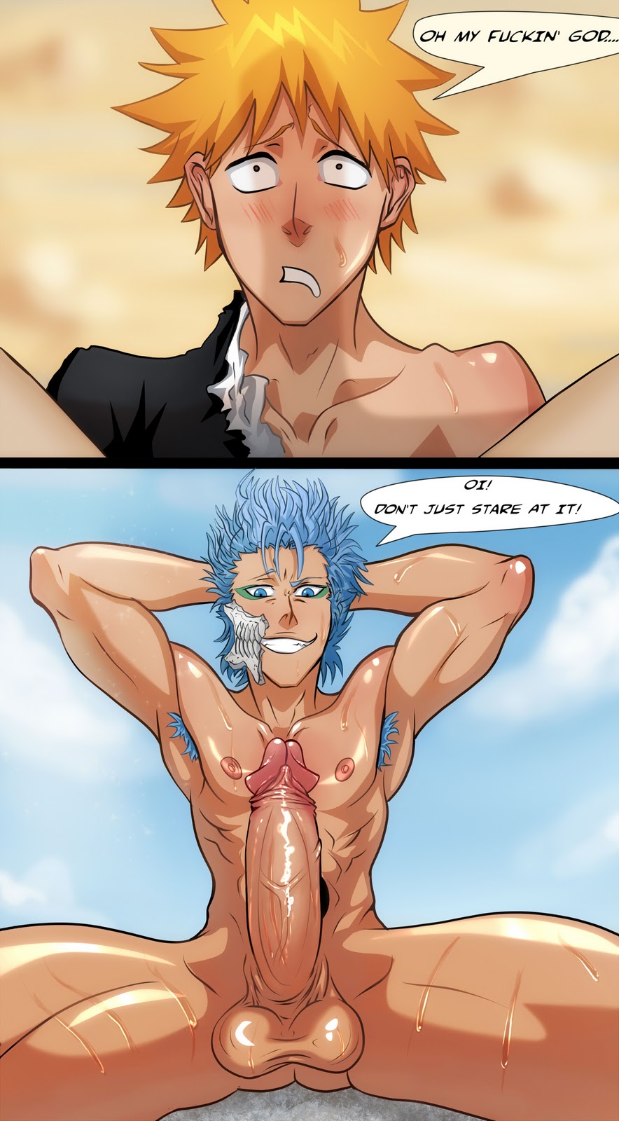 anma, big penis, bleach, foreskin, fully retracted foreskin, gay, gay male, grimmjow jaegerjaquez, ichigo kurosaki, male, male only, multiple males, penis, retracted foreskin, uncircumcised, yaoi