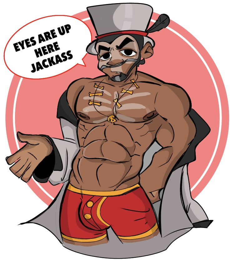 abs bulge facial_hair gay_harem_(game) half-dressed jim_(gay_harem) looking_at_viewer male_only my_eyes_are_up_here pecs skellyboye speech_bubble voodoo_jim_(gay_harem)