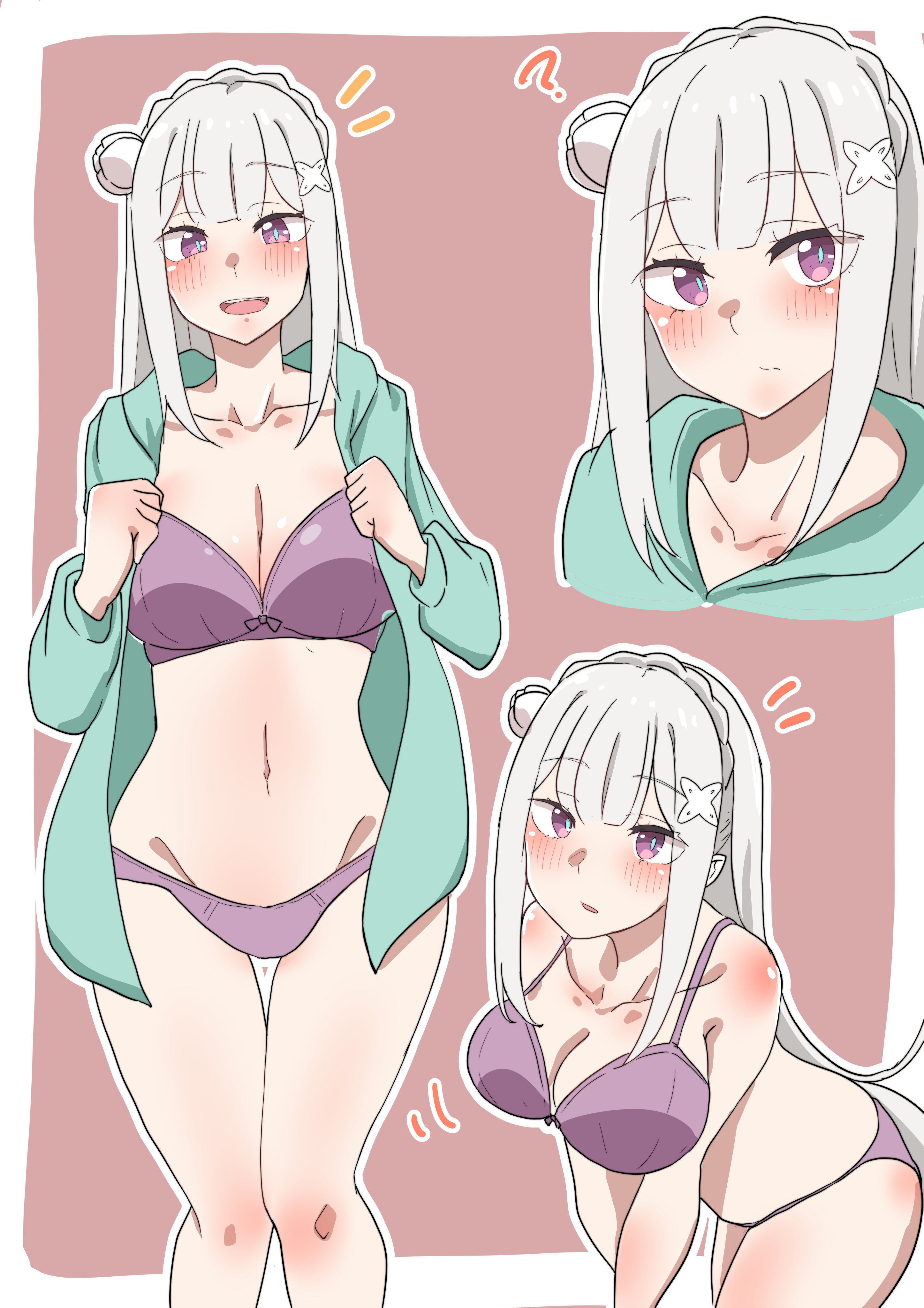 ?, 1girls, bare legs, belly, bra, breasts, cleavage, elf, elf ears, elf female, elf girl, emilia (re:zero), female, half naked, kocho (artist), open clothes, open shirt, panties, purple eyes, re:zero kara hajimeru isekai seikatsu, silver hair, solo, solo focus, standing, thighs, underwear, undressed, undressing