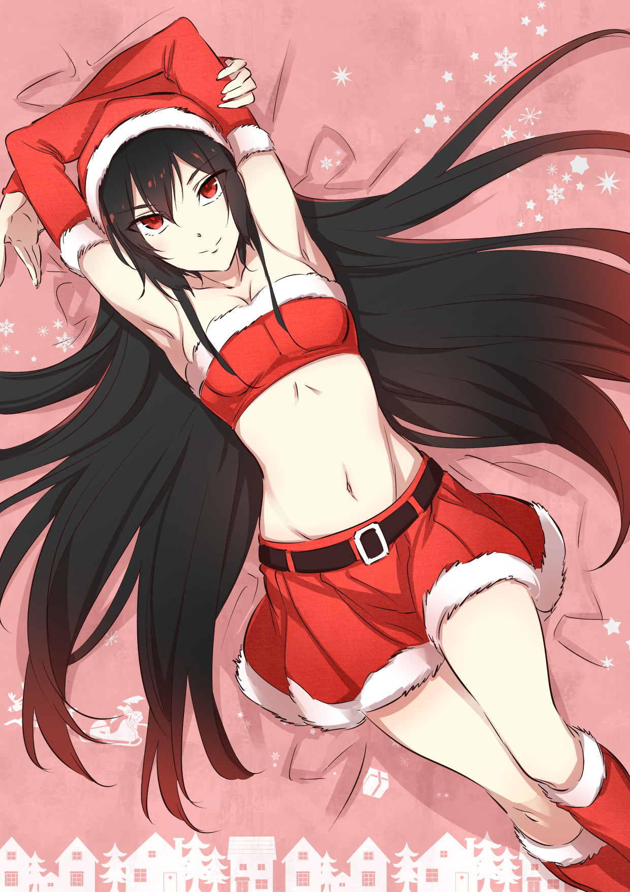 akame (akame ga kill!), akame ga kill!, belly, breasts, christmas clothing, christmas outfit, female