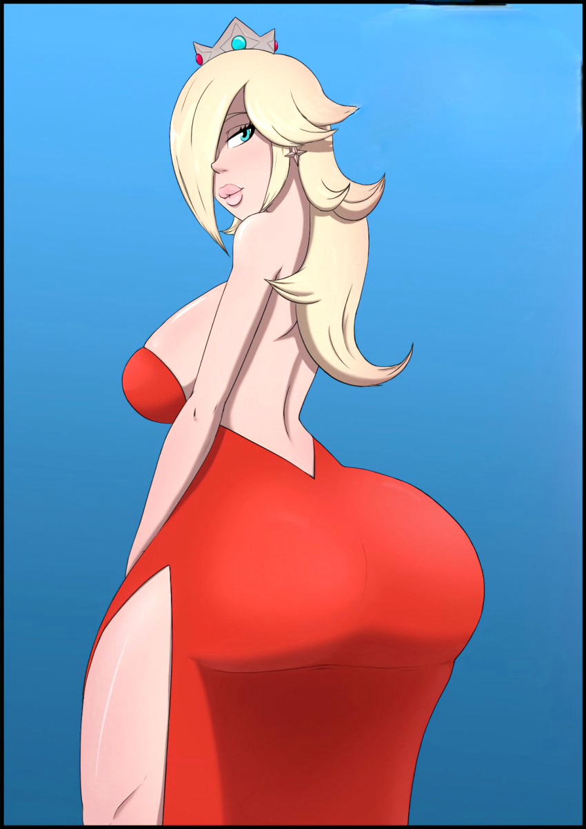 2d big_ass bimbo blonde_hair blue_eyes commission crown curvy dat_ass diklonius dress female huge_breasts huge_butt lips long_hair looking_at_viewer mario_(series) nintendo princess princess_rosalina red_dress text_bubble thick_thighs voluptuous