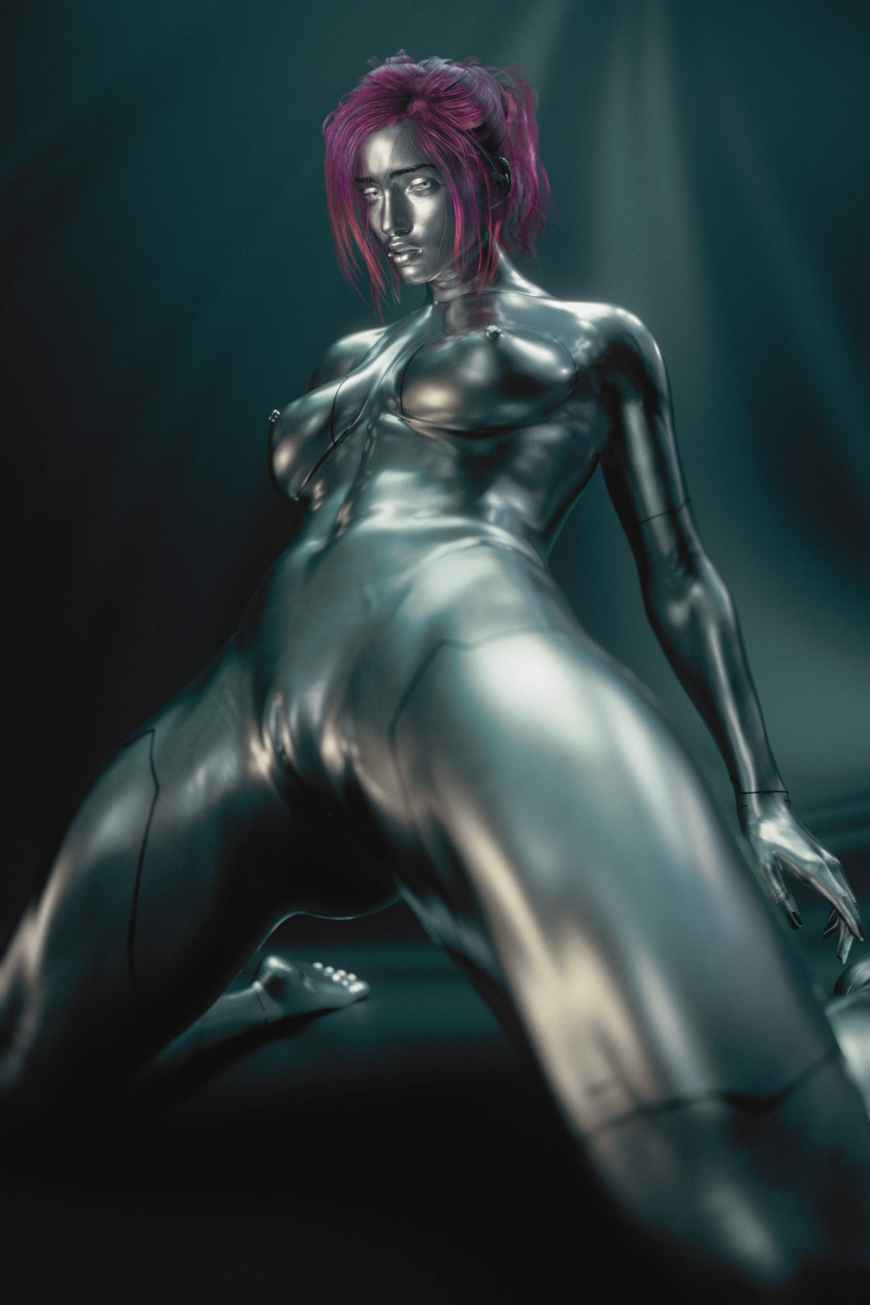 1girls, 3d, breasts, cd projekt red, completely nude, cybernetics, cyberpunk (series), cyberpunk 2077, exposed breasts, exposed pussy, female, lizzy wizzy, metallic body, metallic skin, naked female, nipples, nude, nude female, nv3d, pink hair, pussy, solo, solo female, thighs