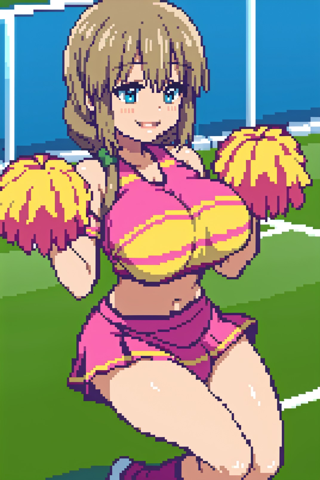 ai generated, aipixelart, big, bouncing breasts, breasts, cheerleader, female, grey hair, light skin, light-skinned female, milf, pixel art, skirt, smile, thick thighs, uzaki tsuki, uzaki-chan wa asobitai!