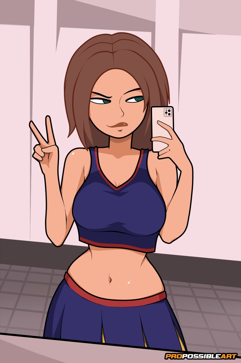 1girls, bathroom, big breasts, bonnie rockwaller, bottomwear, breasts, brown hair, cheerleader, cheerleader outfit, cheerleader uniform, curvaceous, curvy, curvy body, curvy female, curvy figure, disney, disney channel, female, female only, green eyes, hair, kim possible, lips, midriff, mirror selfie, peace sign, phone, propossibleart, selfie, short hair, skirt, solo, solo female, topwear, v, voluptuous