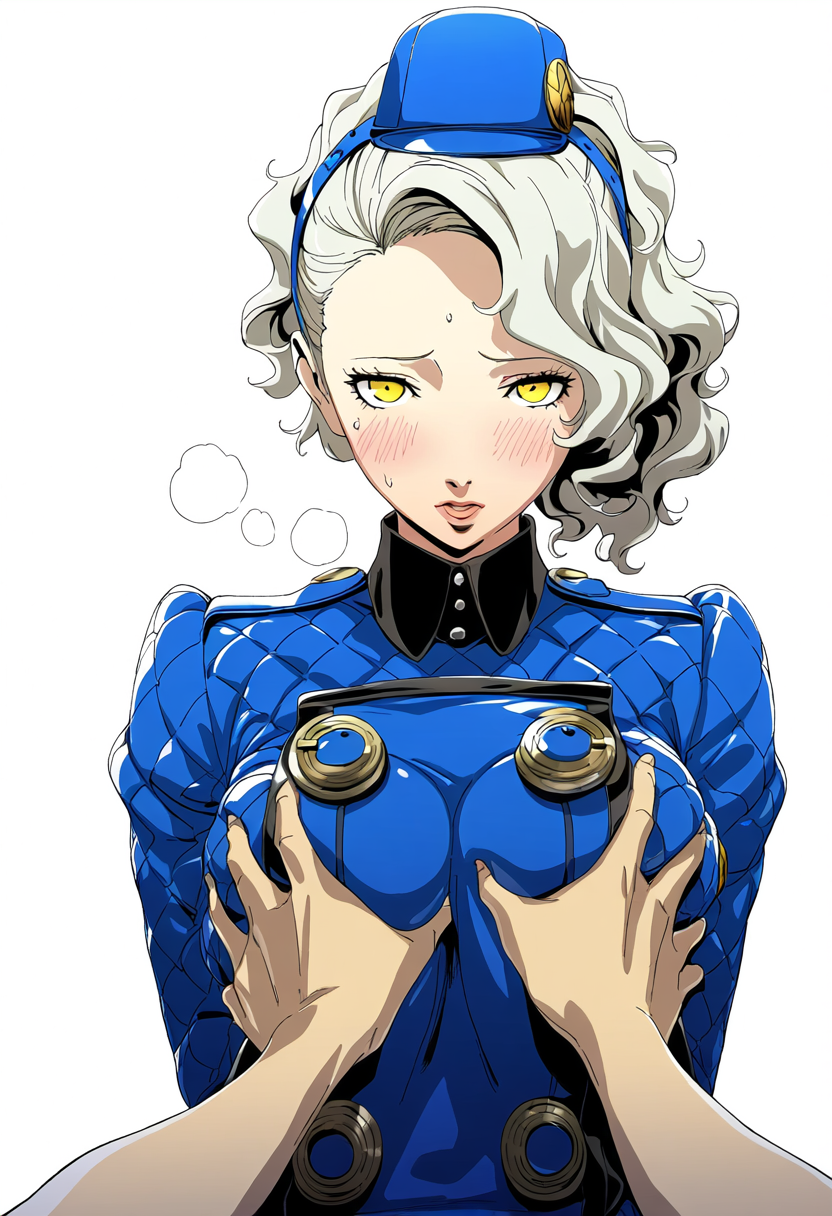 ai_generated blush breast_grab breast_squeeze breast_squish choku_to-san_no_kyonyū curly_hair embarrassed embarrassed_female grey_hair hat horny horny_female jacket looking_down margaret_(persona) medium_breasts persona persona_4 short_hair teenager white_hair yellow_eyes yellow_eyes_female