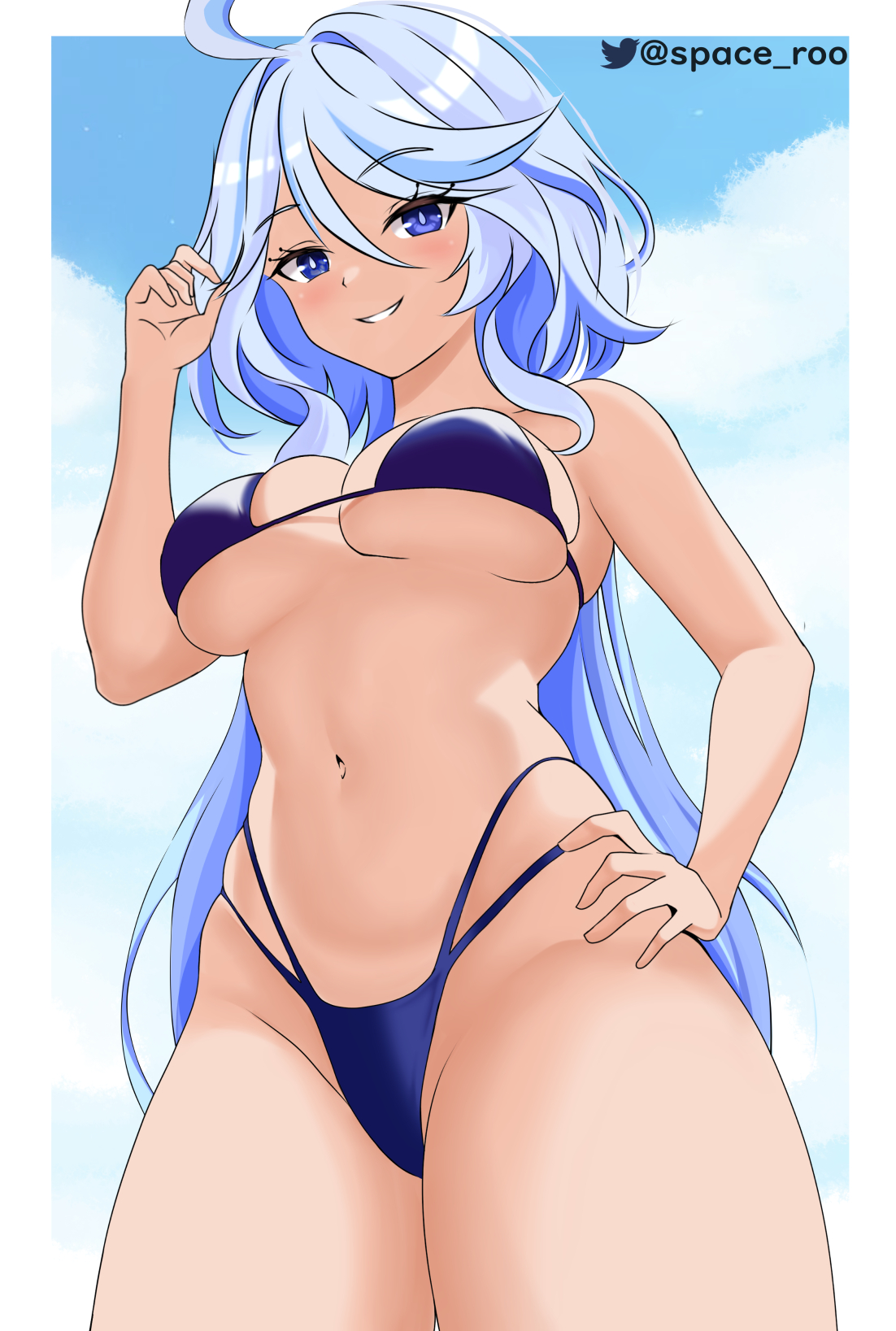 1girls, big breasts, bikini, bikini bottom, bikini top, blue bikini, blue eyes, bottomwear, breasts, female, female only, front view, furina (genshin impact), genshin impact, hair, hand on hip, long hair, low-angle view, smile, solo, solo female, space roo, swimwear, thick thighs, thighs, topwear, white hair