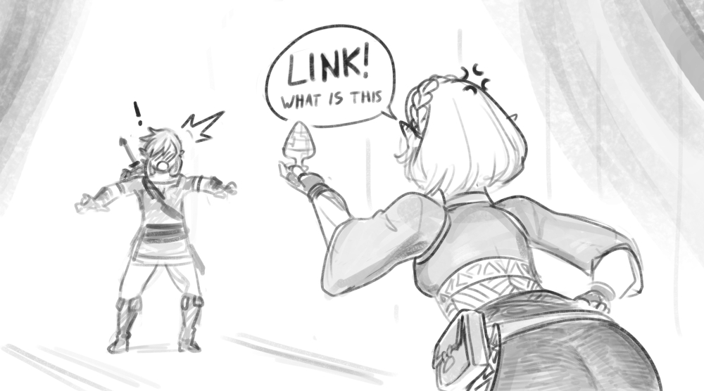 1boy, 1girls, anger vein, ass, bending forward, bent over, big ass, black and white, blush, bottle, box, braided hair, breath of the wild, buttplug, calamari cakes, clothed, comic, english text, female, funny, gift, gift box, hand on hip, holding object, humor, hylian, leggings, link, looking at another, lubricant, male, medium buttplug, monochrome, oblivious, pointy ears, princess, princess zelda, purah, question, royalty, sex toy, short hair, sketch, speech bubble, standing, surprised, surprised expression, tears of the kingdom, text, text bubble, the legend of zelda, tight clothing, zelda (tears of the kingdom)